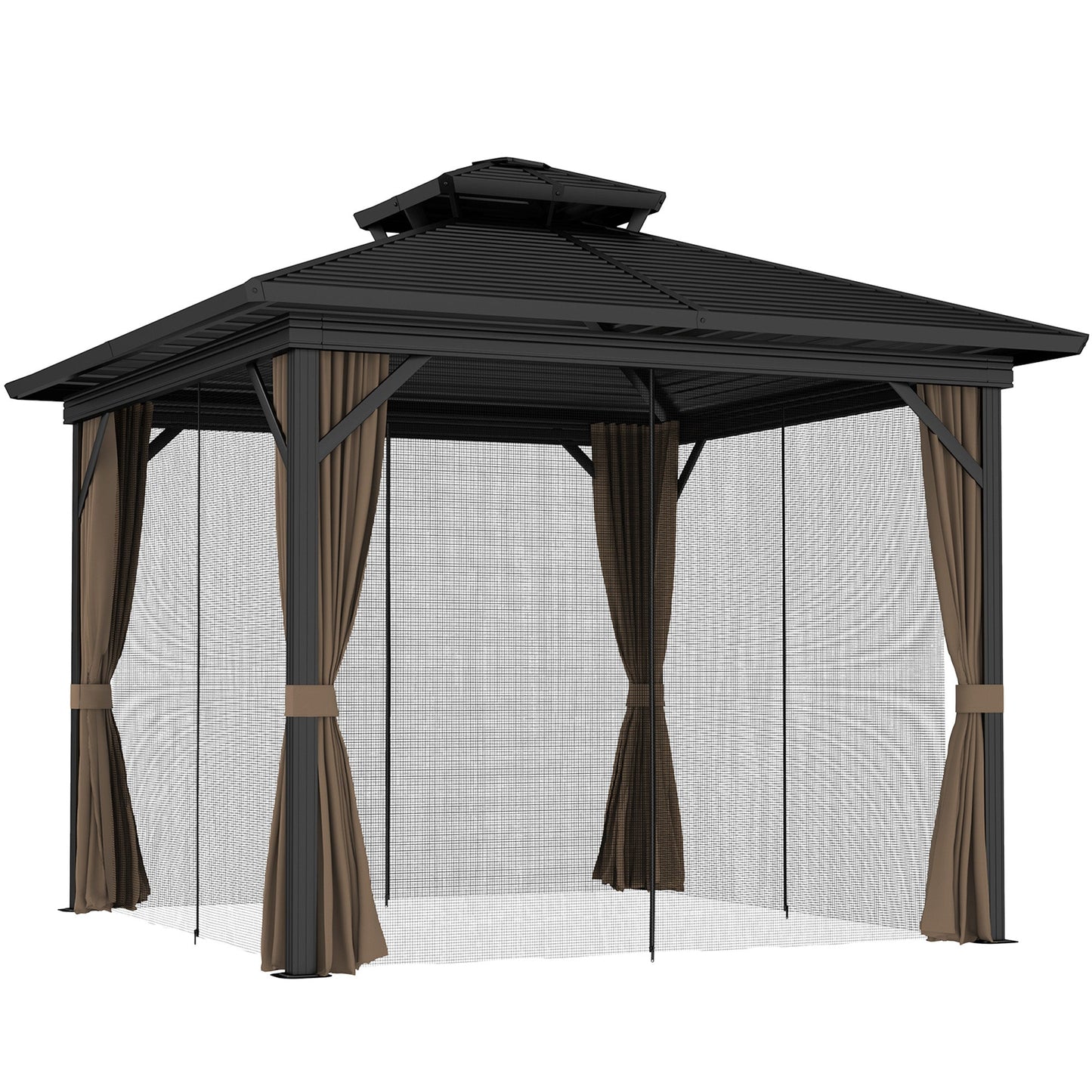 10' x 10' Hardtop Gazebo, Aluminum Frame Garden Sun Shelter with Double Tier Metal Roof, Mosquito Netting, Curtains, and Hanging Hook, Dark Brown