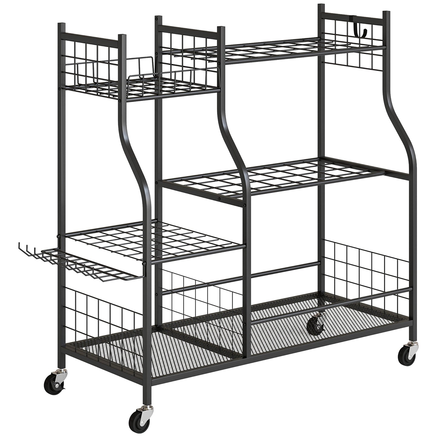 Garden Tool Organizer for Garage, 3-Tier Yard Tool Storage Rack with 74 Slots, 4 Wheels and 11 Hooks for Long-Handled Shovels and Rakes for Shed, Yard, Patio, Black