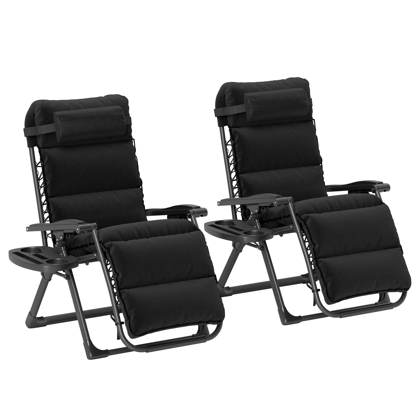 Reclining Zero Gravity Chair with Adjustable Backrest, Folding Garden Sun Lounger with Removable Cushion, Headrest Cup Phone Holder Tray, Set of 2, Black