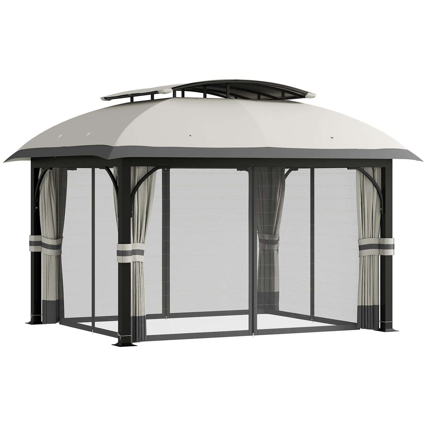 11' x 13' Patio Gazebo, Double Roof Outdoor Gazebo Canopy Shelter with Netting & Curtains, Galvanized Metal Frame for Garden, Lawn, Backyard and Deck, Light Grey