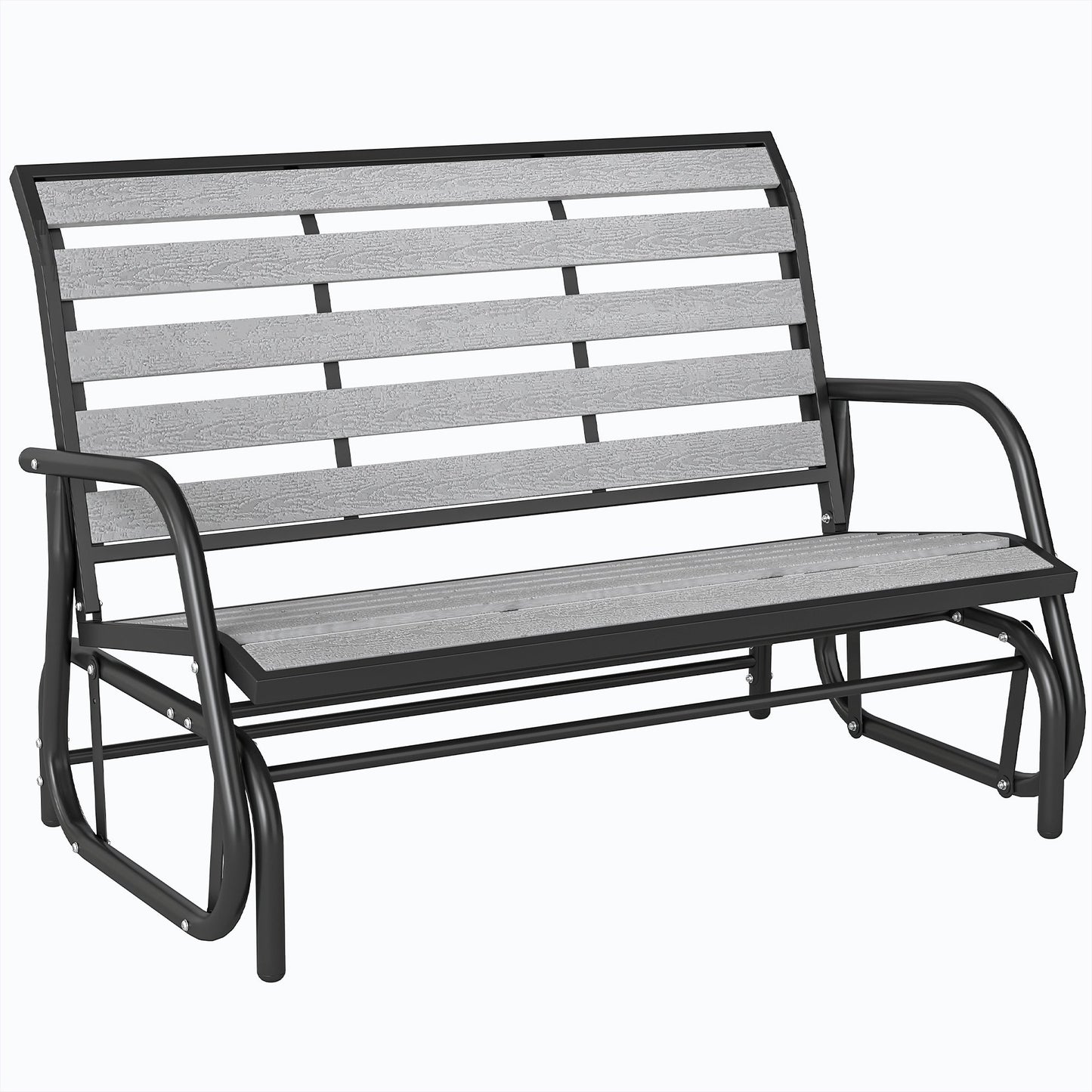 2 Person Outdoor Glider Bench, Patio Glider Swing Loveseat with Faux Wood Slatted Seat and Back, Outdoor Swing Bench with Steel Frame for Backyard, Garden, Porch, Grey