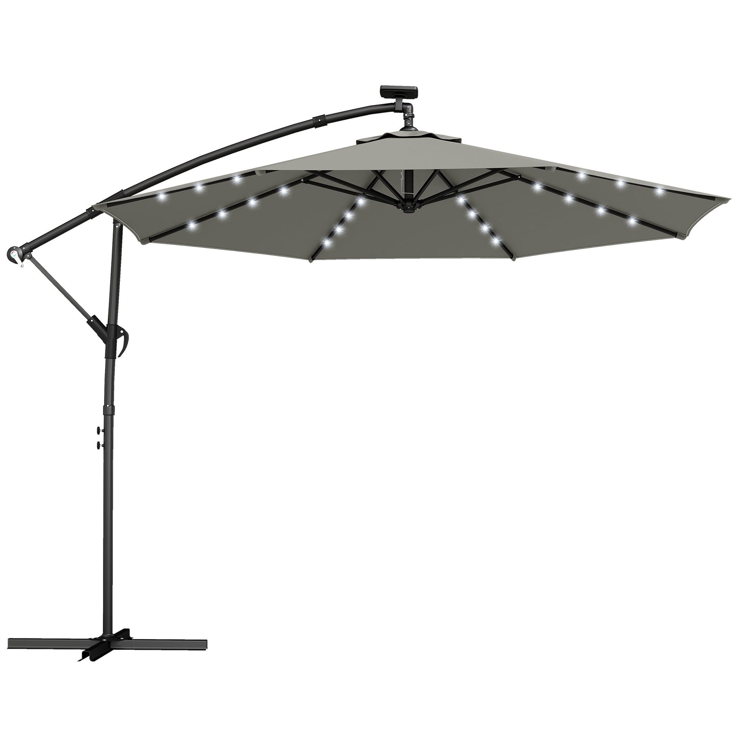 9.7 ft Cantilever Patio Umbrella with Solar LED Light, Cover, Round Offset Hanging Outdoor Umbrella Parasol with Tilt and Crank Handle, Grey