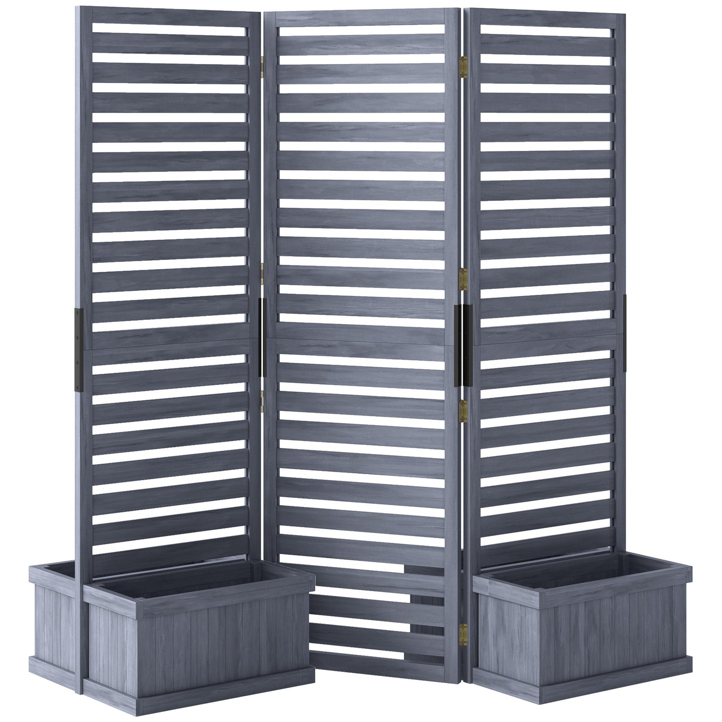 Freestanding Outdoor Privacy Screen, 4 Self-Draining Planters / Raised Garden Beds, 3 Hinged Panels for Hot Tub, Patio, Backyard, Deck, Grey