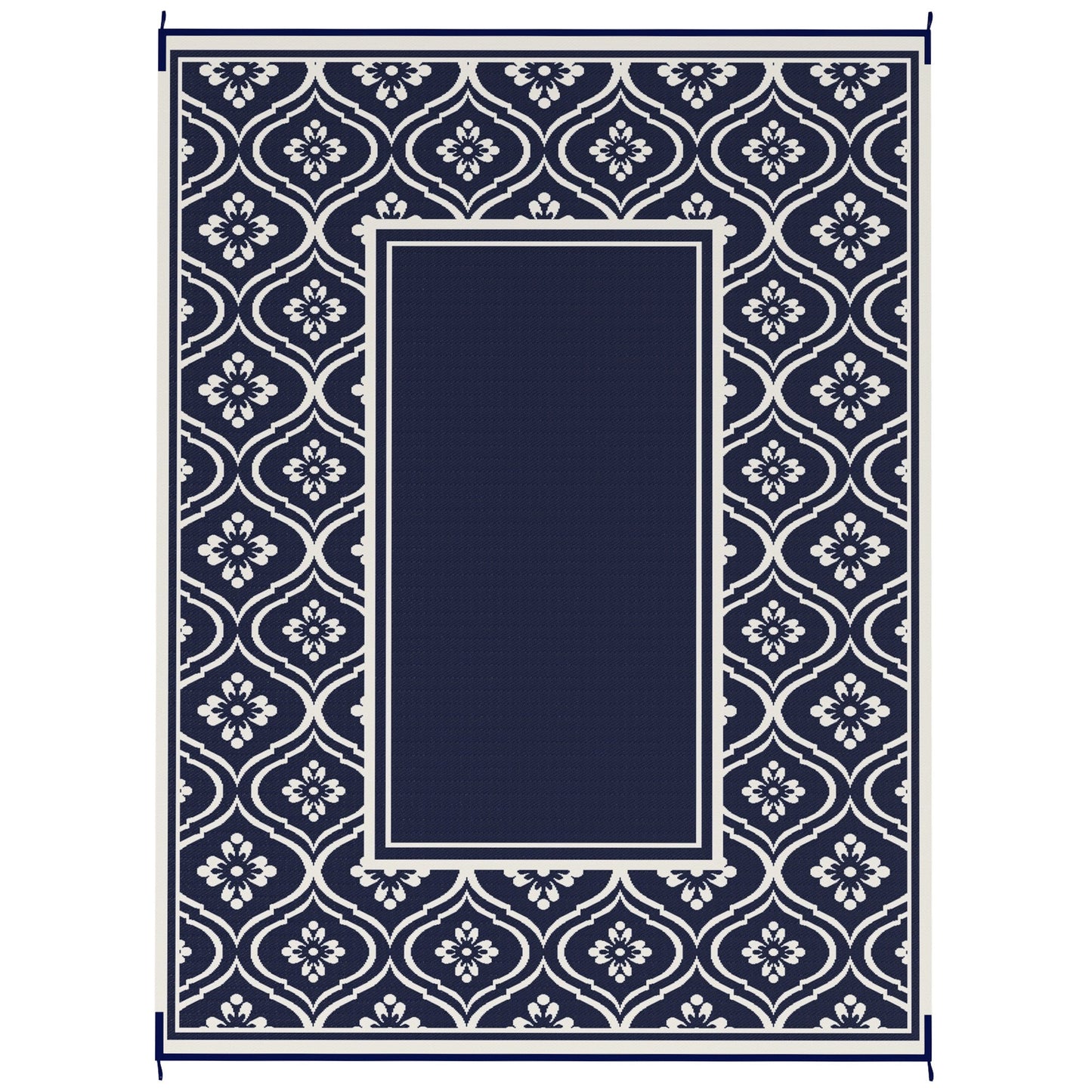 Reversible Outdoor RV Rug with Carry Bag, 9' x 12' Patio Floor Mat, Plastic Straw Rug for Backyard, Deck, Picnic, Beach, Camping, Gourd Border, Blue and White