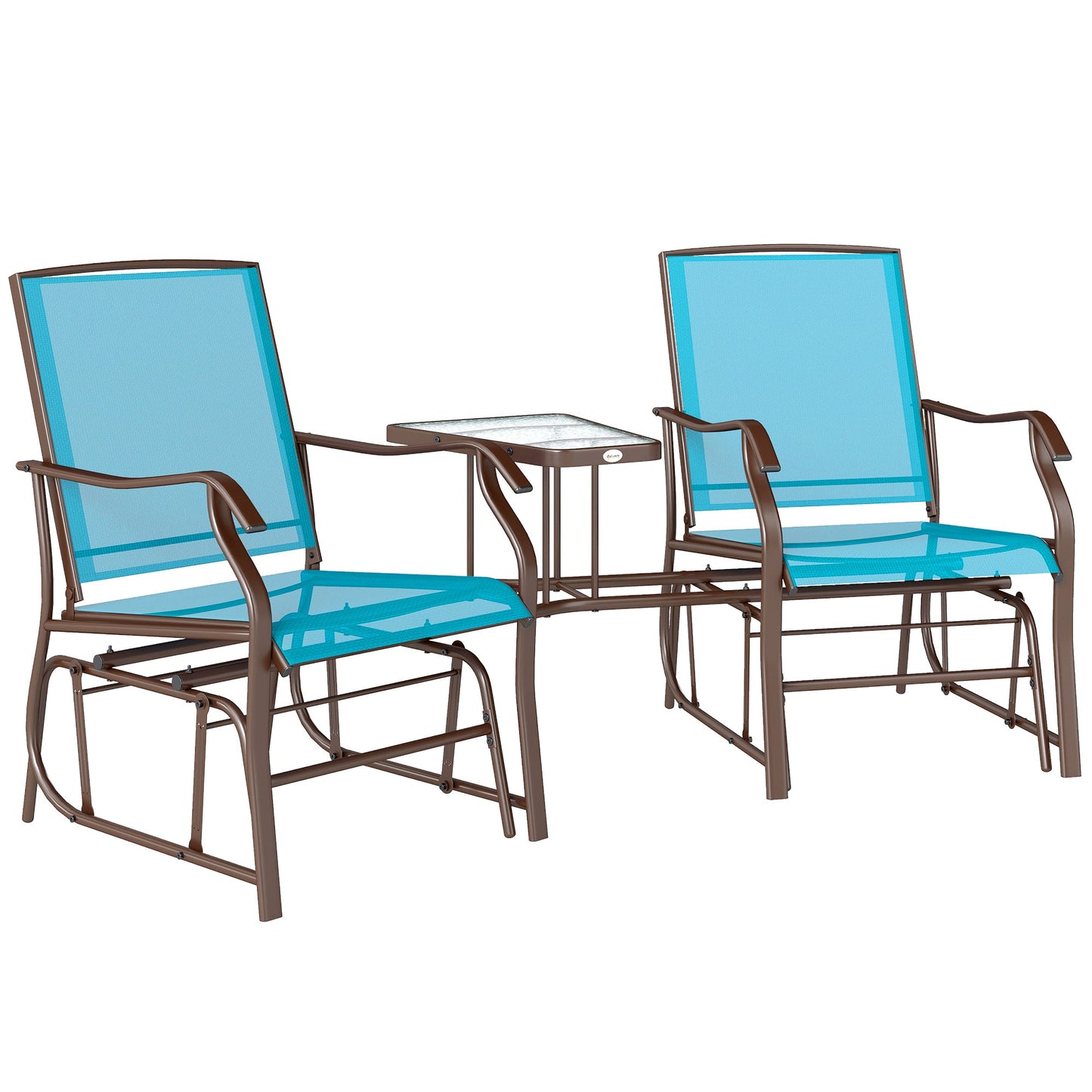 Double Patio Glider Chair with Glass Top Center Table, Outdoor Glider Loveseat with High Back, All Weather Breathable Mesh Fabric for Garden, Backyard, Deck, Blue