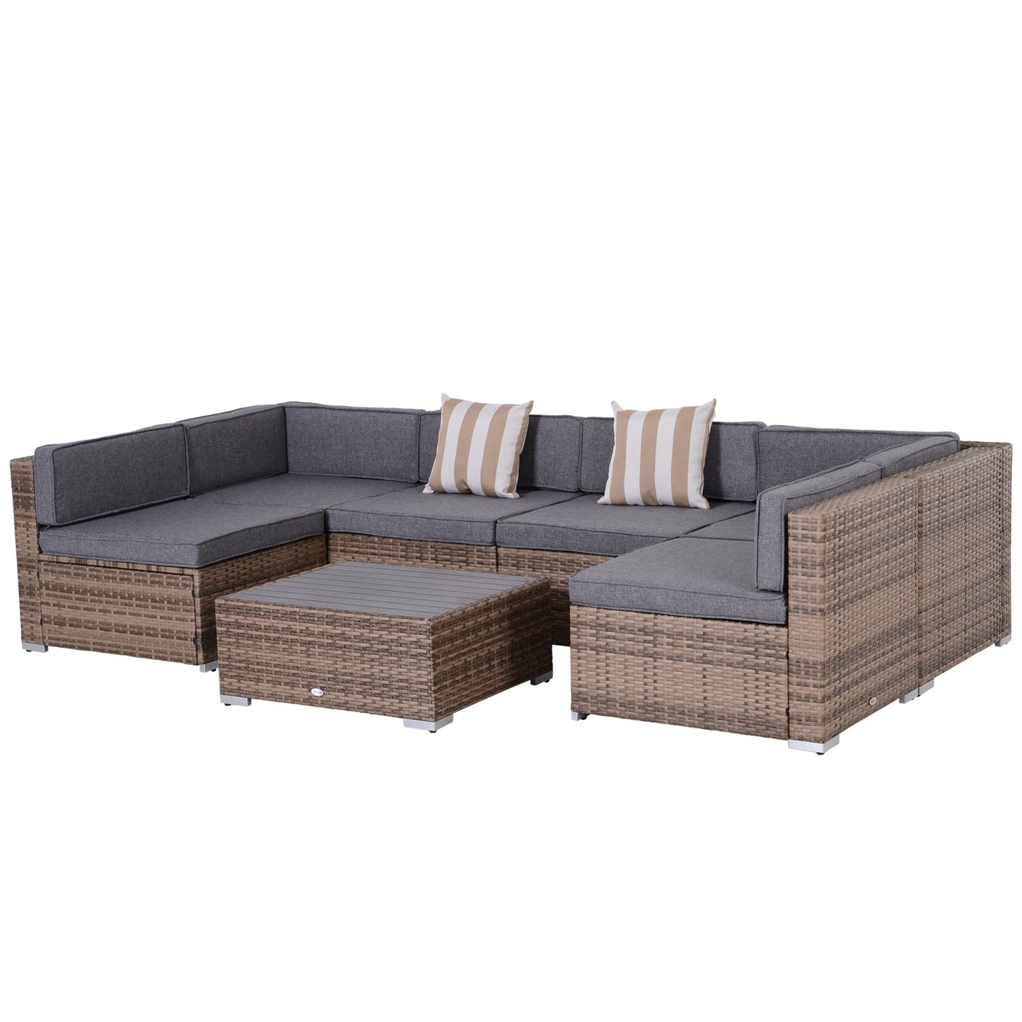 7 Piece Patio Furniture Set, PE Rattan Outdoor Conversation Set with Sectional Sofa, Glass Tabletop, Cushions and Pillows for Garden, Lawn, Deck, Dark Beige and Grey