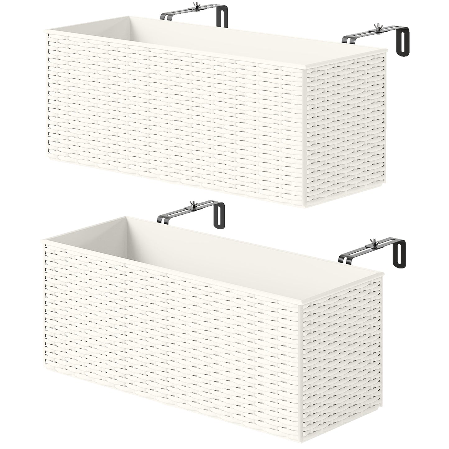 2 Pack Railing Planter Box, 20 Inch Hanging Flower Pots with Hooks and Drainage Hole, Rectangular Planters for Fence, Balcony, Garden, Patio, Rattan Look, White