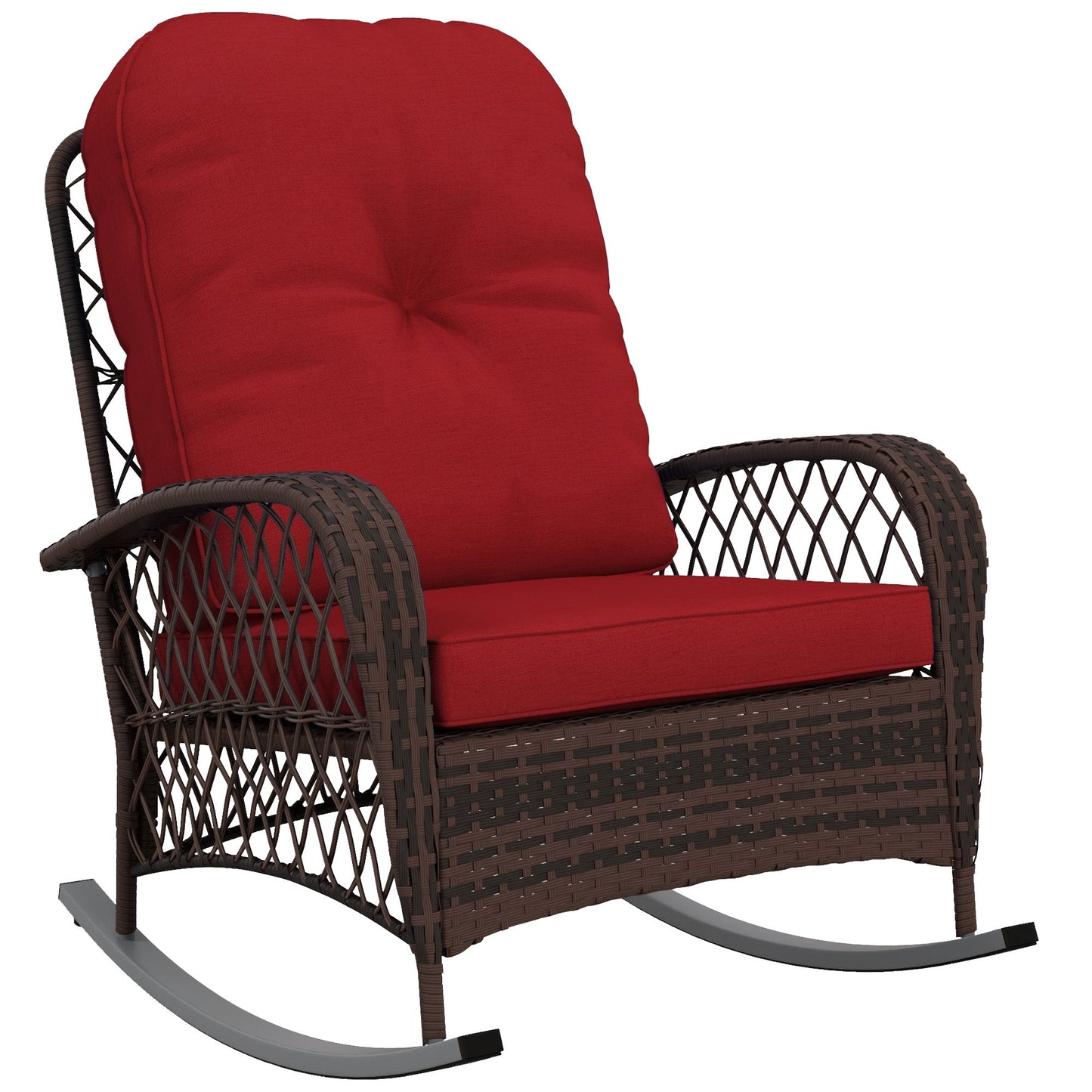 Rattan Rocking Chair, Outdoor Wicker Patio Rocker Chair Furniture with Thick Cushions, for Garden Backyard Porch, Red