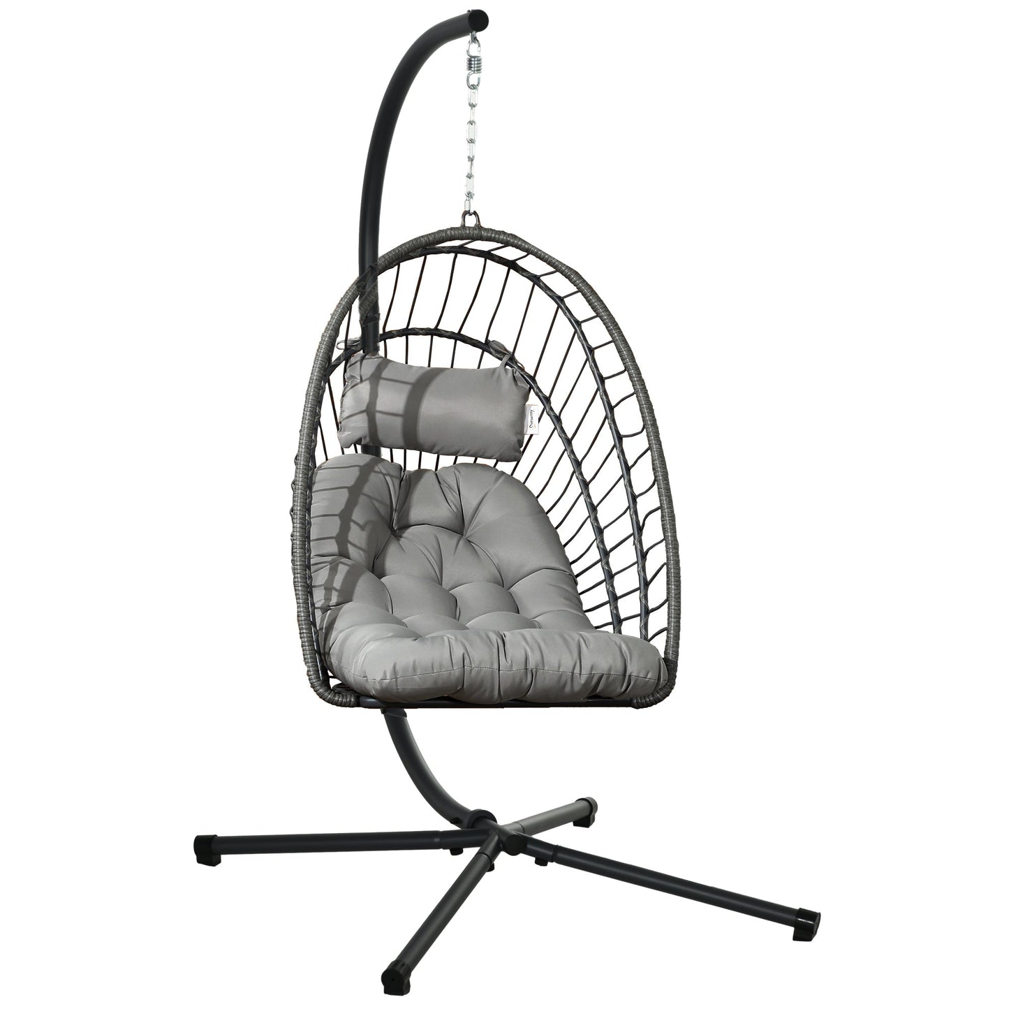 Outdoor Rattan Swing Chair with Foldable Basket and Cushion, Garden Patio Hanging Egg Chair with Metal Stand, Headrest for Indoor and Outdoor, Light Grey