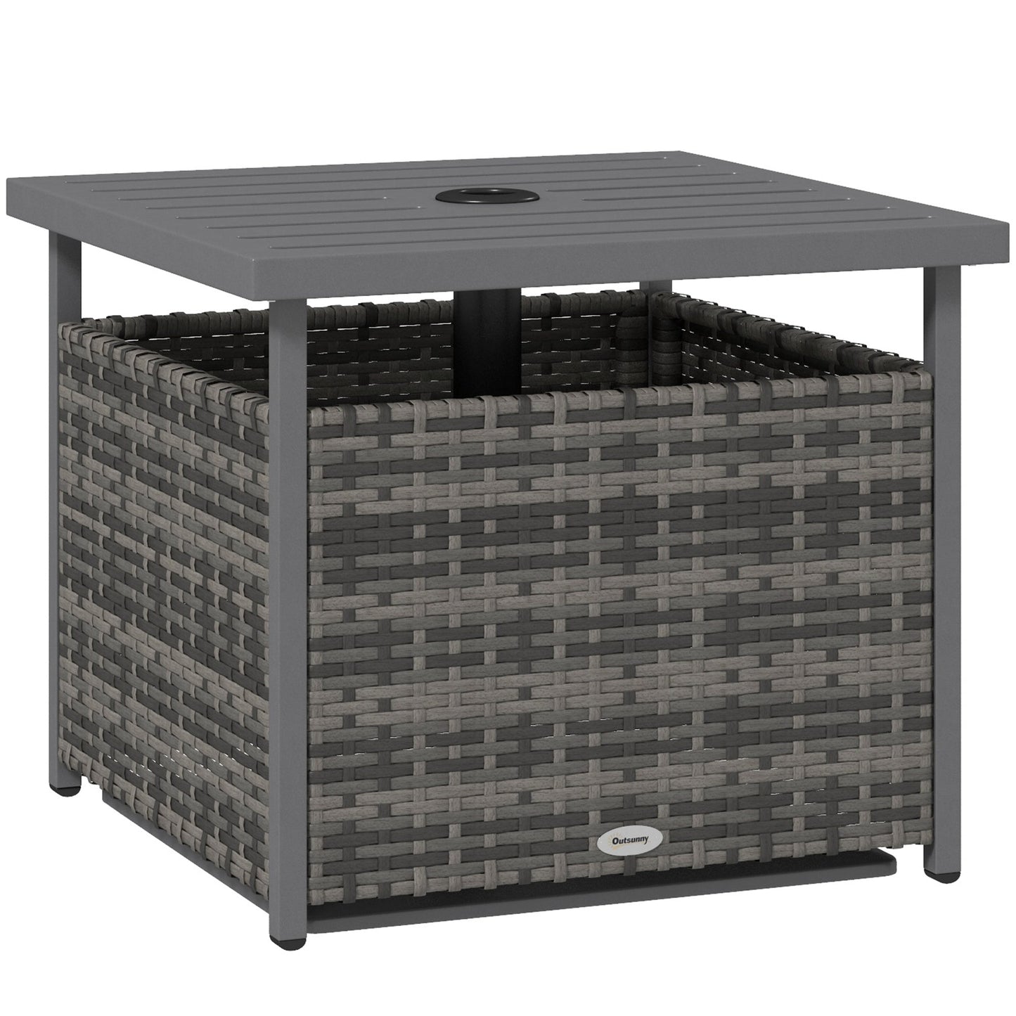 21.75" Outdoor Rattan Wicker Patio Coffee Table with Umbrella Hole, Patio Side Table with Slatted Metal Top, Suitable for Garden, Backyard, Mixed-Grey