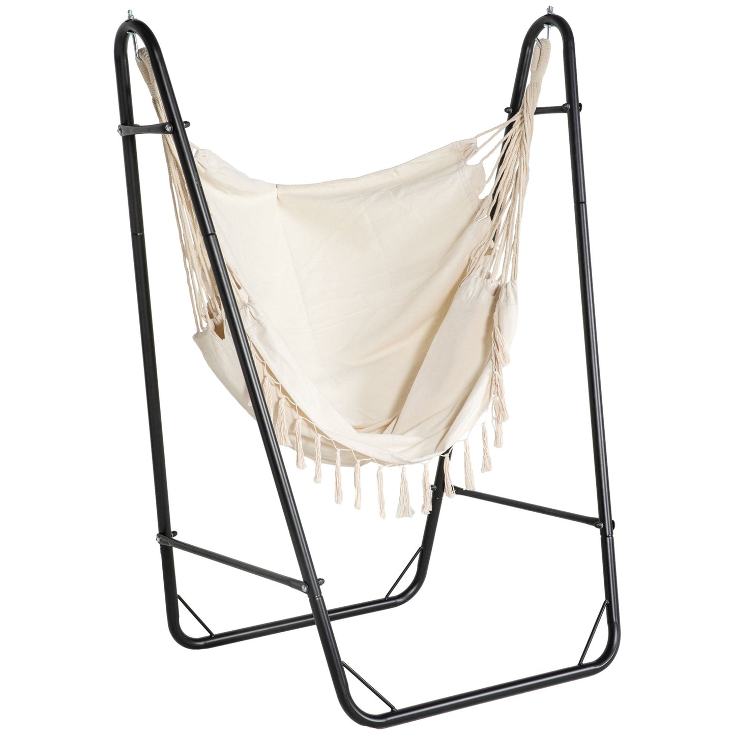 Patio Hammock Chair with U Shape Stand, Outdoor Hammock Swing Hanging Lounge Chair with Side Pocket, Cream White