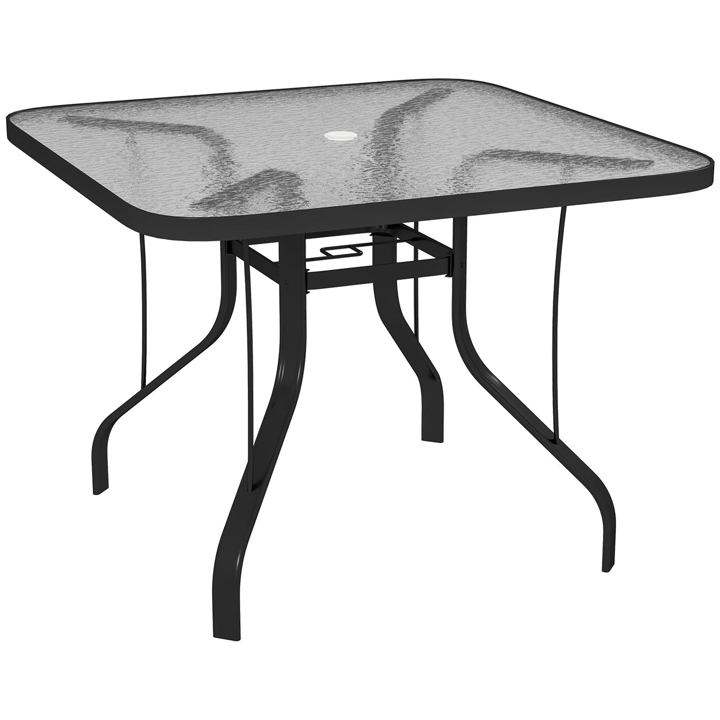 Square Patio Dining Table, Outdoor Coffee Table Bistro Table with Tempered Glass Top, 2.1" Umbrella Hole, for Garden, Balcony, Backyard, Poolside, Lawn, 38" x 38" x 28"