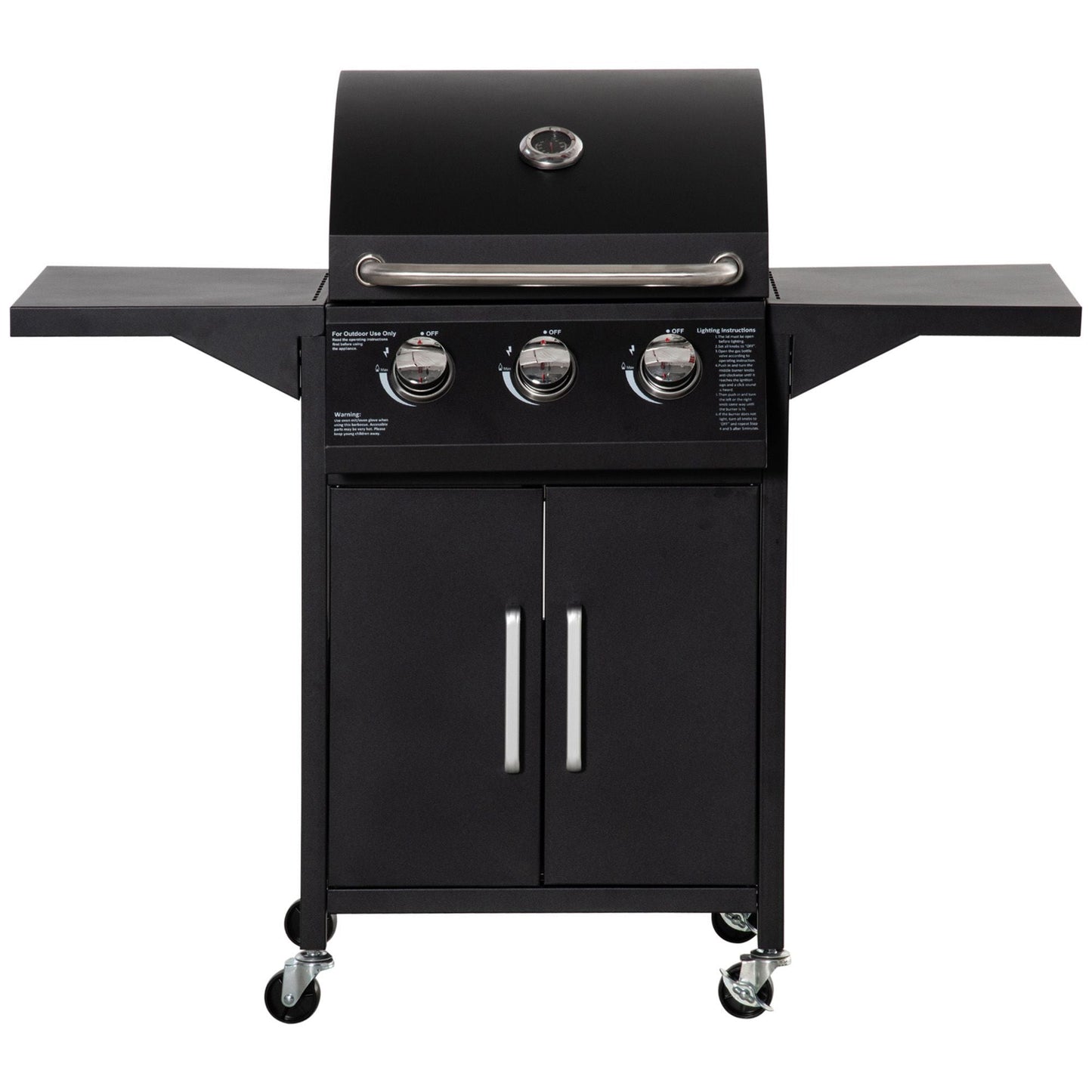 3 Burner Gas Grill, Outdoor Portable Propane Grill with Wheels, Carbon Steel Barbecue Trolley with Warming Rack, Side Shelves, Storage Cabinet, Thermometer, Black