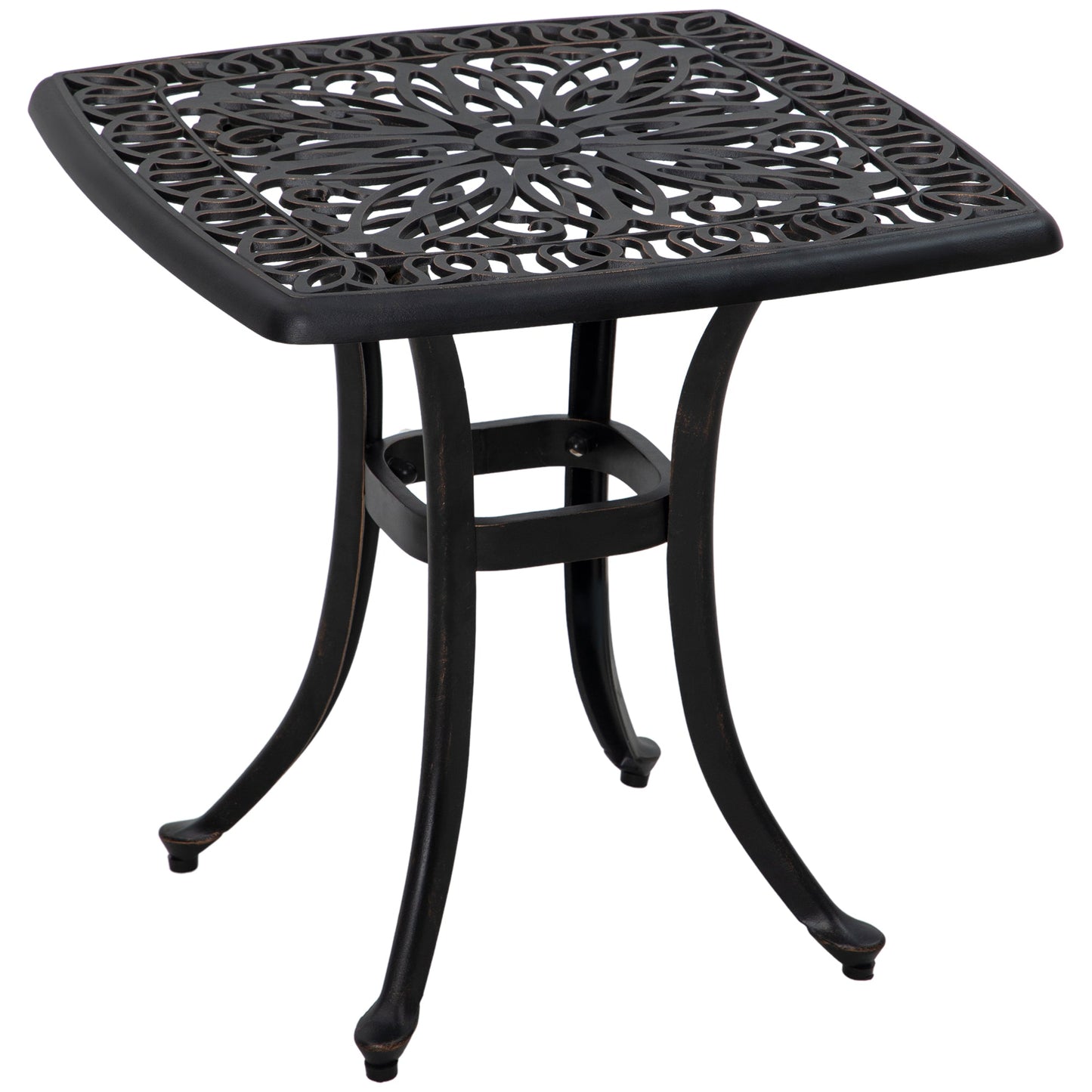 Cast Aluminum Outdoor Side Table, 21" Square Patio End Table with Umbrella Hole, Bistro Table for Garden, Balcony, Poolside, Bronze