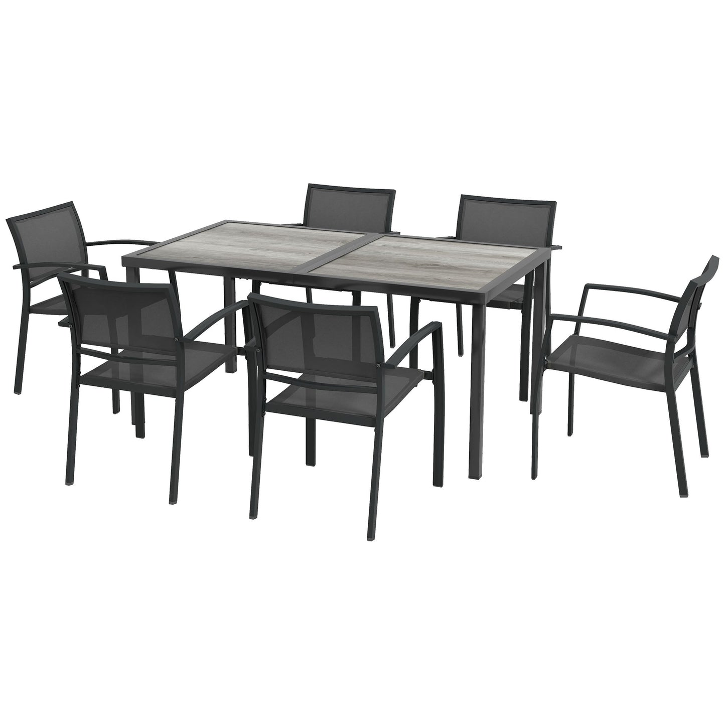 7 Pieces Patio Dining Set for 6 with Stackable Chairs, Outdoor Table and Chairs with Plastic Top, Breathable Mesh Seat and Back for Garden, Patio, Backyard, Grey