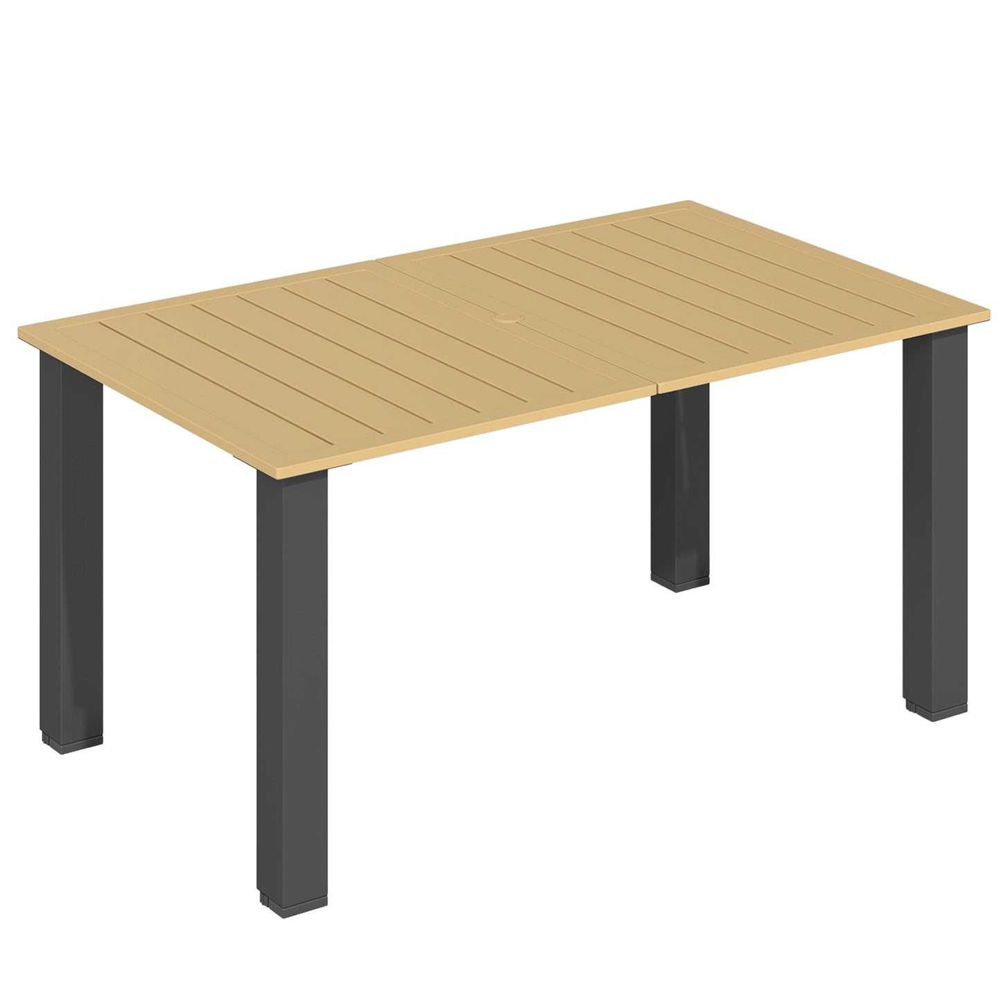 59" Outdoor Dining Table with Umbrella Hole for 6 People, Rectangle Patio Table with Slatted Metal Tabletop, Steel Frame for Backyard Garden Lawn Balcony, Brown