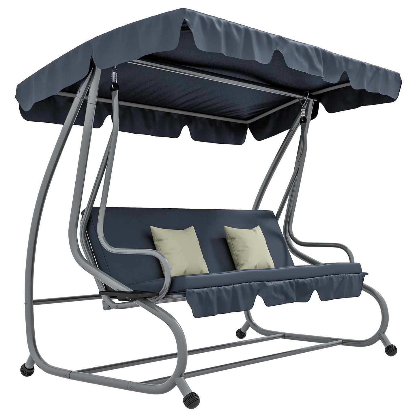 3-Seat Outdoor Patio Swing Chair, Converting Flat Bed, Canopy Swing with Adjustable Shade, Removable Cushions, Cup Holder, Dark Grey