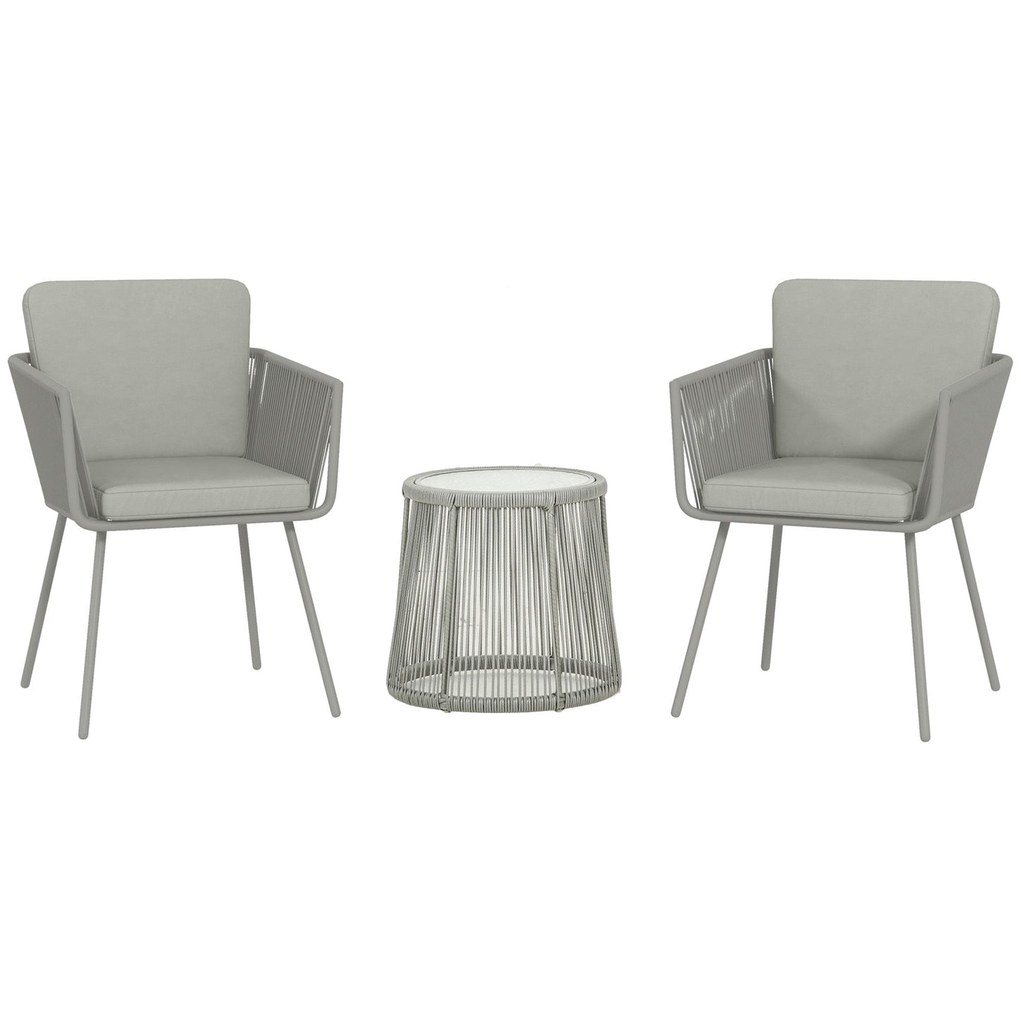 3 Pieces Wicker Patio Furniture Set, Rattan Bistro Set with Coffee Table and Cushions, Outdoor Conversation Set for Garden, Porch, Balcony, Light Grey