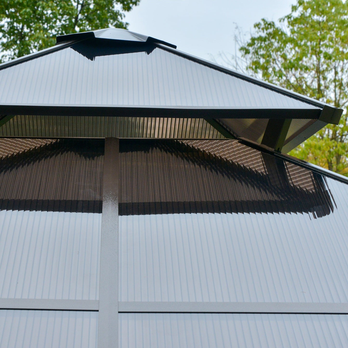 10' x 10' 2-Tier Outdoor Gazebo Canopy Tent with Polycarbonate Roof, Hardtop Gazebo with Curtains and Netting, for Garden, Lawn, Backyard, Deck, Beige