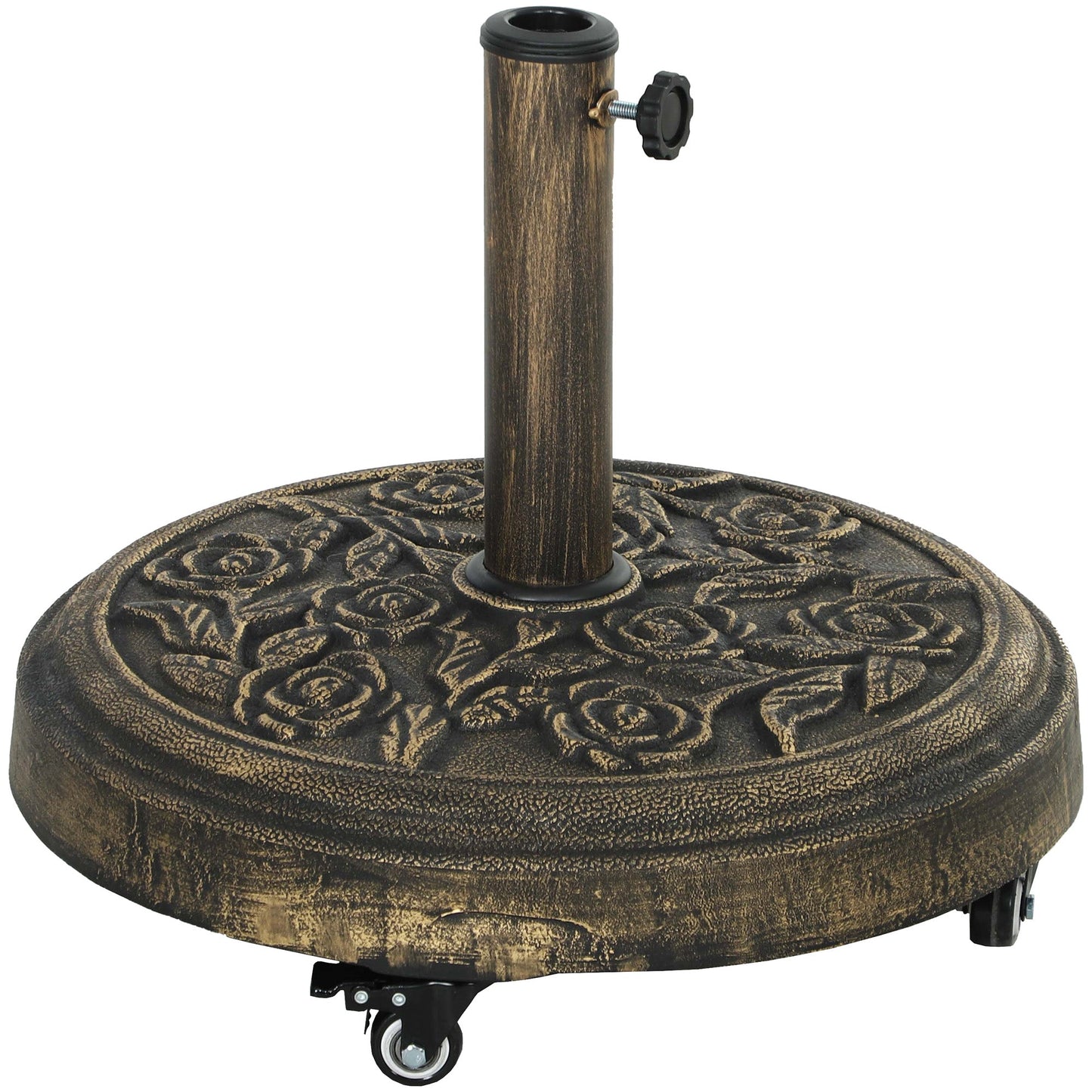 Round Patio Umbrella Base, 46 lbs Resin Umbrella Stand with Wheels, Outdoor Umbrella Stand for 1.3"/1.5"/1.9" Umbrella Poles for Outdoor, Lawn, Poolside, Bronze