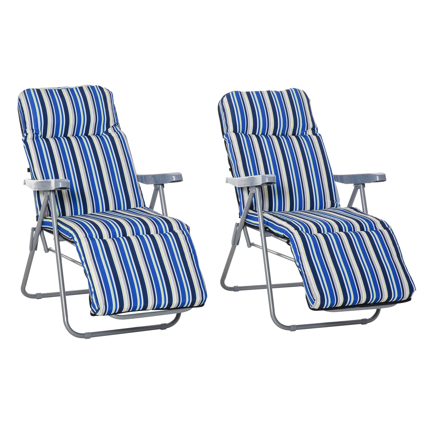 Set of 2 Garden Sun Lounger, Outdoor Reclining Seat Cushioned Seat, Foldable Adjustable Recliner, Grey and Blue