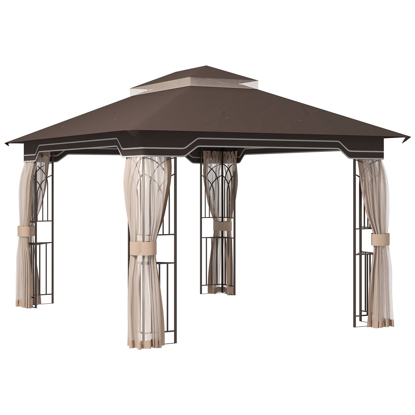 12' x 10' Patio Gazebo Outdoor Canopy Shelter with Double Tier Roof and Netting Sidewalls for Garden, Lawn, Backyard and Deck, Brown