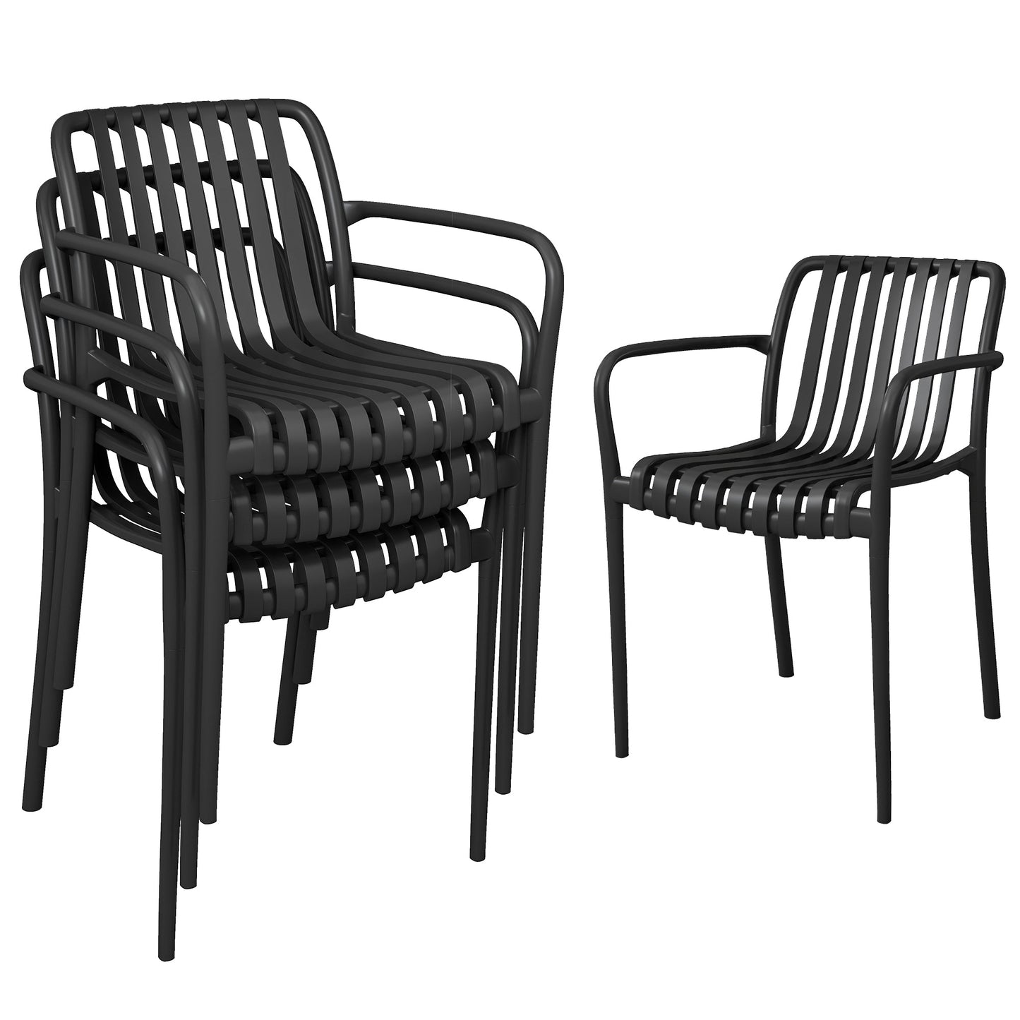 Stackable Patio Chairs Set of 4, Outdoor Patio Dining Chairs with Curved Backrest, Slatted Seat and Armrest for Indoor, Outdoor, Balcony, Deck, Garden, Plastic, Black