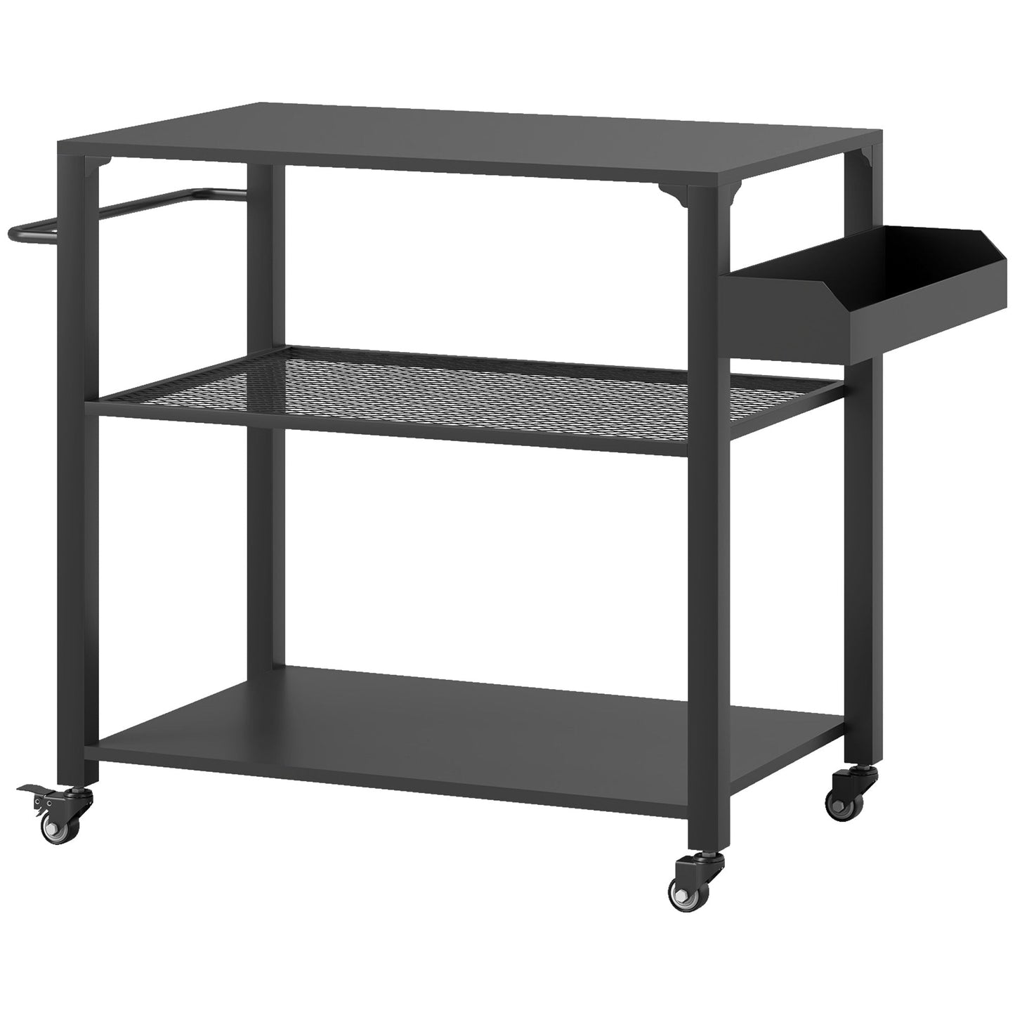 Three-Shelf Outdoor Grill Dining Cart, Pizza Oven Stand with Storage Rack, Side Handle, BBQ Movable Food Prep Table with 4 Wheels for Backyard Party