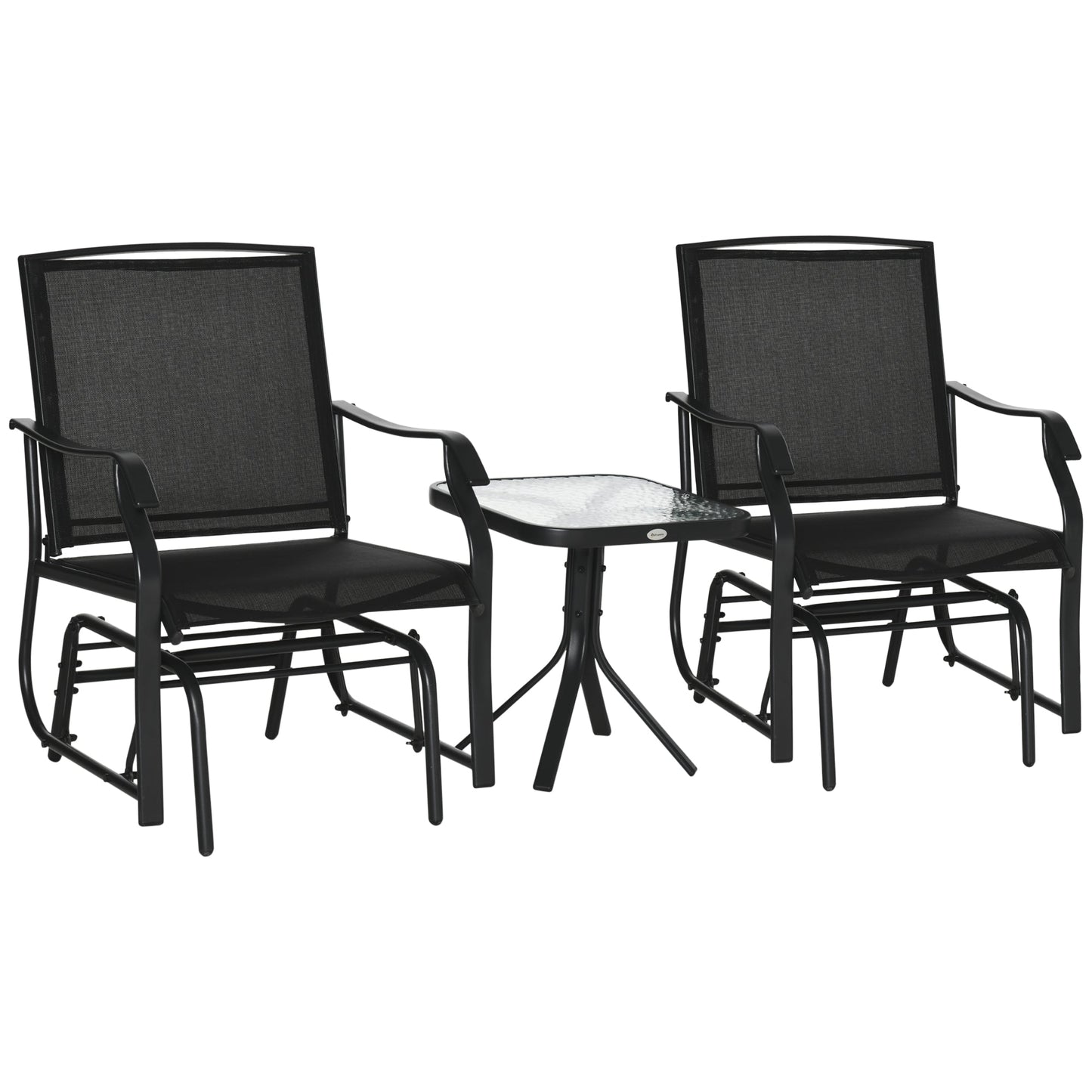 3 Piece Patio Glider Set, Outdoor Gliders with Glass Top Table, Breathable Mesh Seat, or Garden, Country Yard, Porch, Black