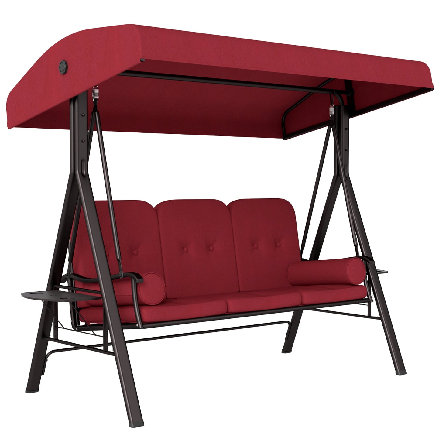 3 Seater Porch Swing Heavy Duty Outdoor Swing Chair Outdoor Lounge Hammock Cushioned Seat w/ Tilt Canopy, Wine Red