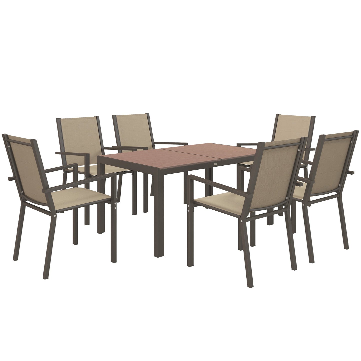 7 Piece Patio Dining Set, Outdoor Dining Table and 6 Stackable Chairs, Metal Patio Furniture Set with WPC Top, Breathable Mesh for Garden, Backyard, Poolside, Khaki