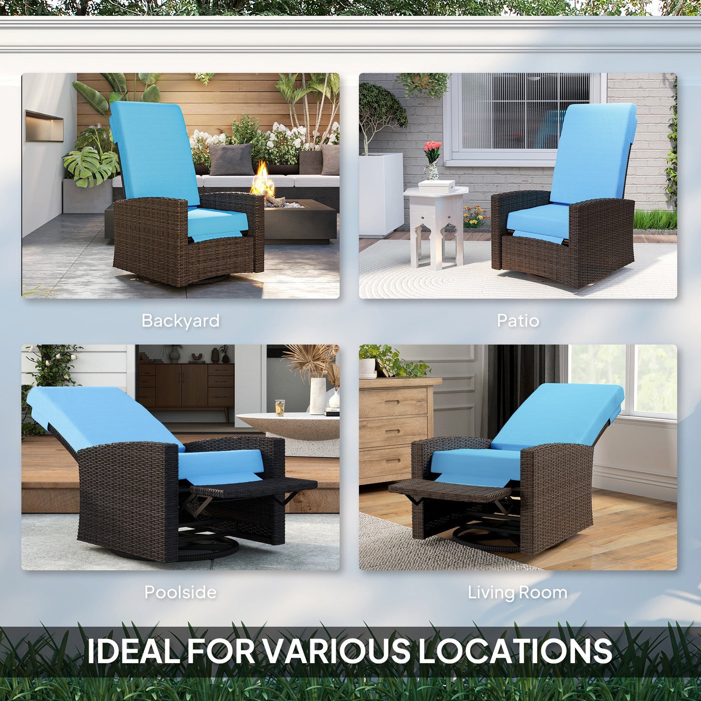PE Rattan Outdoor Swivel Chair with 360° Swivel, Wicker Patio Chair with Footrest, Soft Cushion and Armrest for Patio, Garden, Backyard, Sky Blue