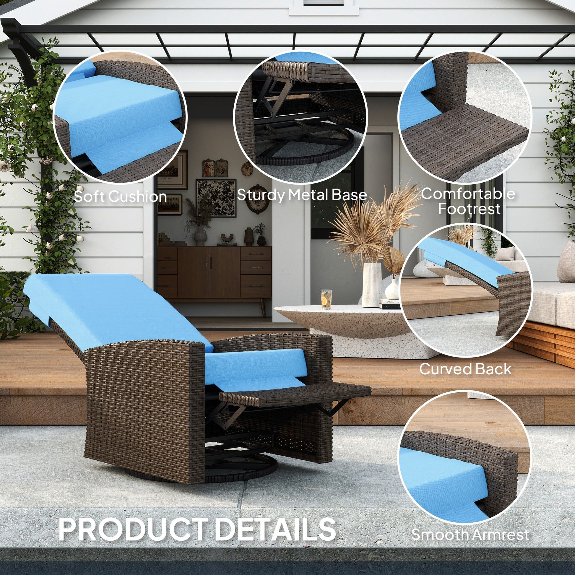 PE Rattan Outdoor Swivel Chair with 360° Swivel, Wicker Patio Chair with Footrest, Soft Cushion and Armrest for Patio, Garden, Backyard, Sky Blue