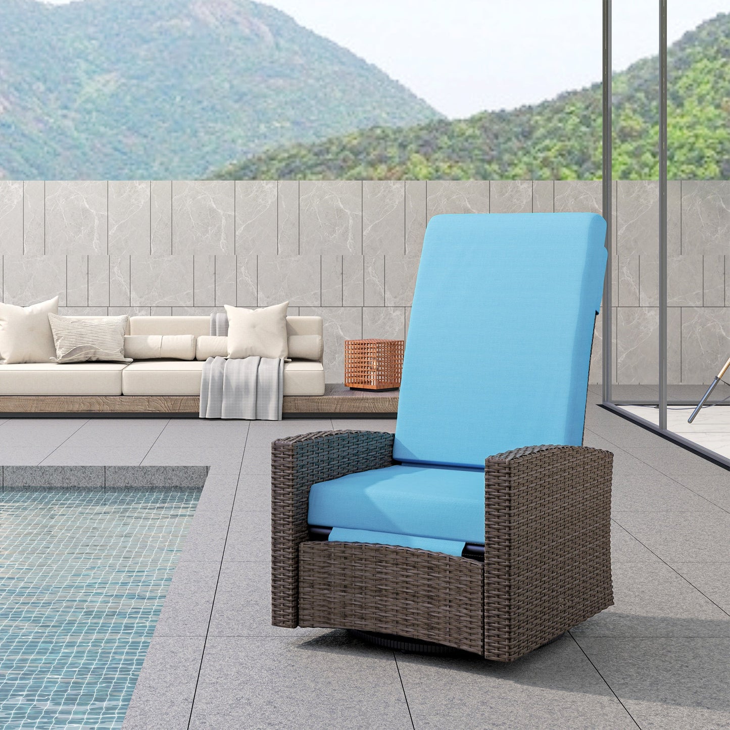 PE Rattan Outdoor Swivel Chair with 360° Swivel, Wicker Patio Chair with Footrest, Soft Cushion and Armrest for Patio, Garden, Backyard, Sky Blue