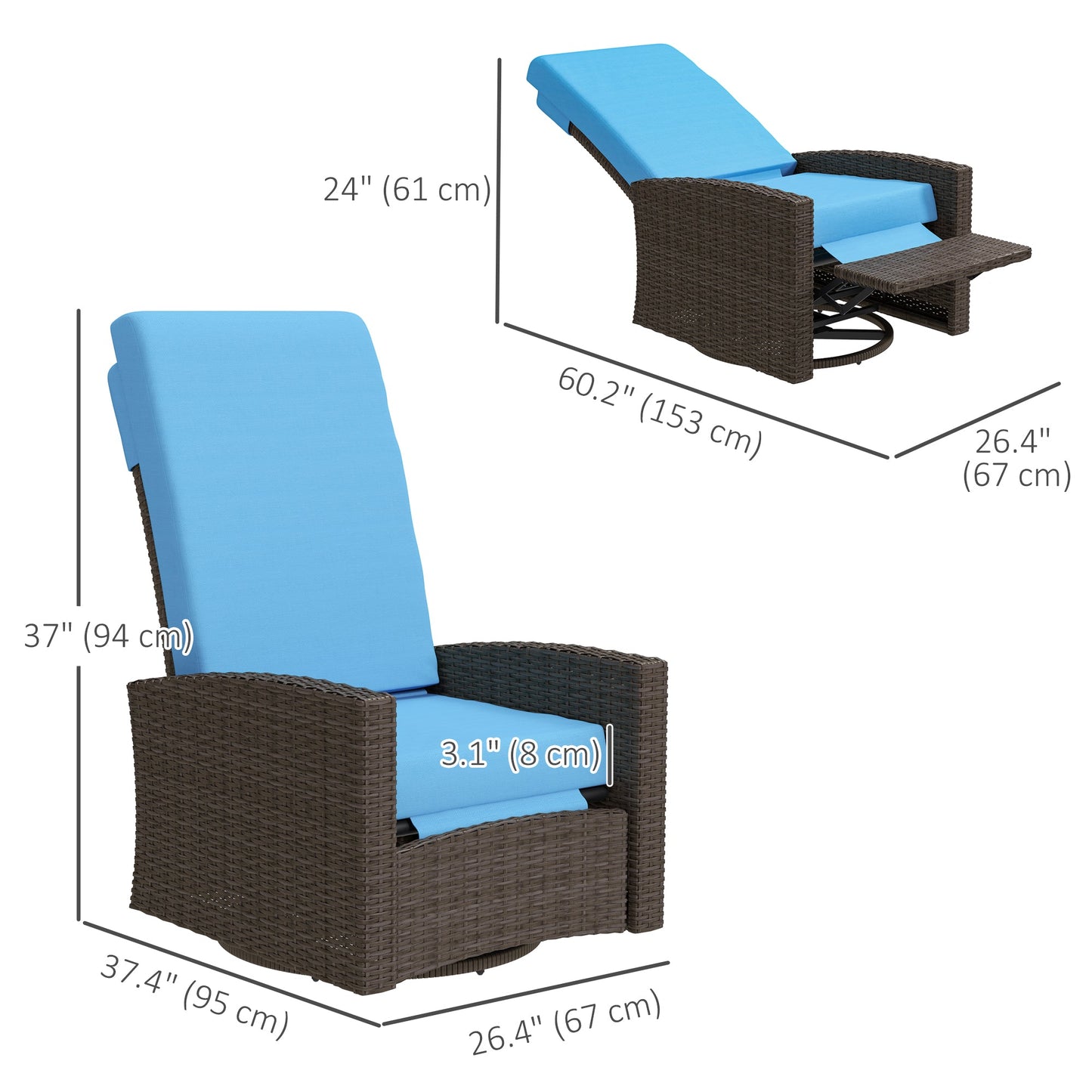 PE Rattan Outdoor Swivel Chair with 360° Swivel, Wicker Patio Chair with Footrest, Soft Cushion and Armrest for Patio, Garden, Backyard, Sky Blue