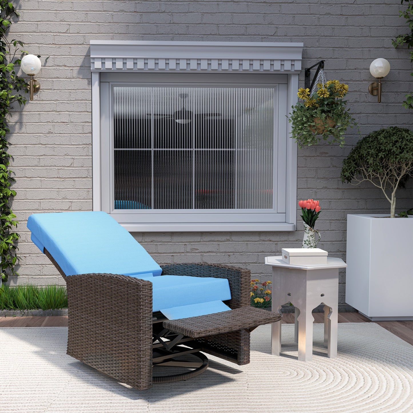 PE Rattan Outdoor Swivel Chair with 360° Swivel, Wicker Patio Chair with Footrest, Soft Cushion and Armrest for Patio, Garden, Backyard, Sky Blue