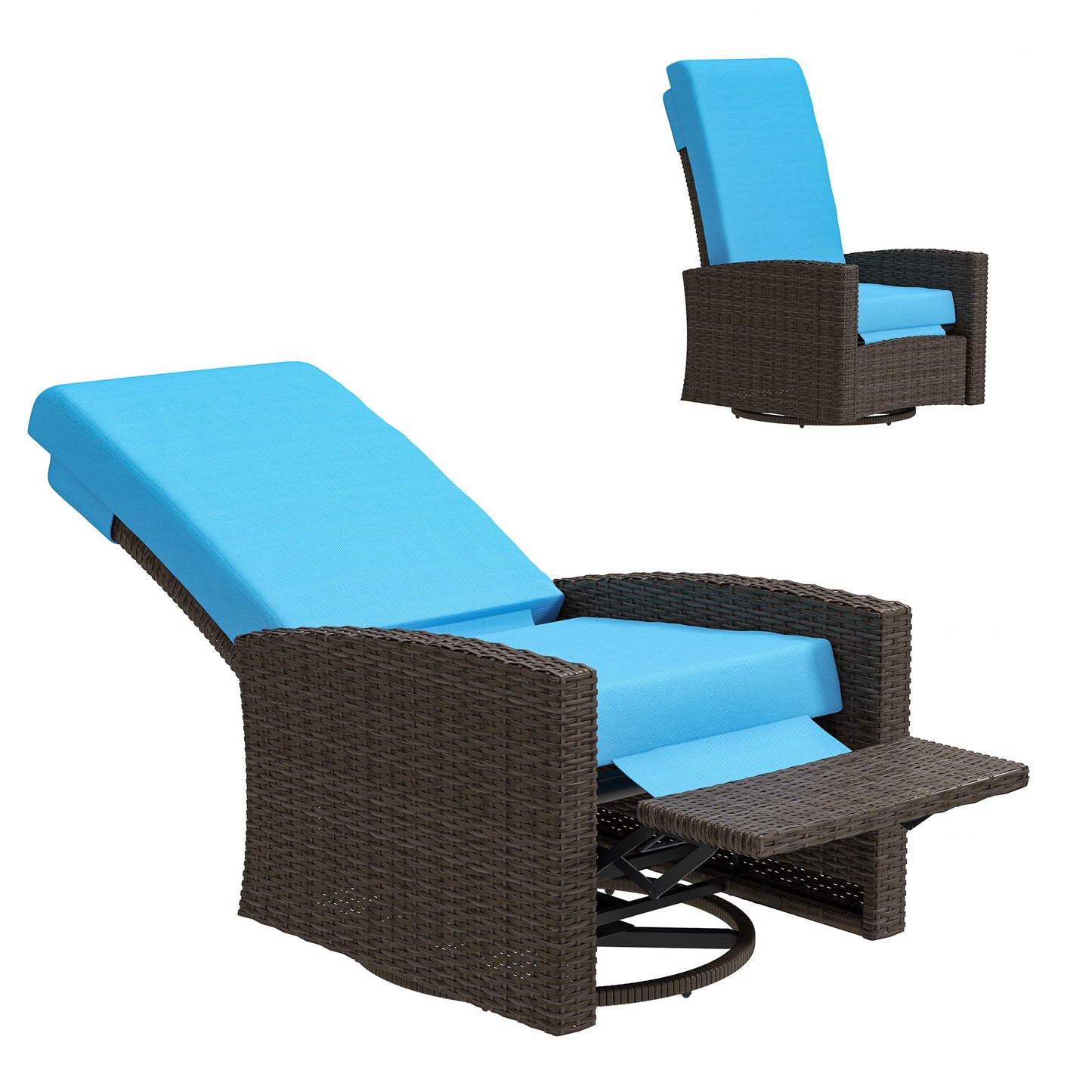 PE Rattan Outdoor Swivel Chair with 360° Swivel, Wicker Patio Chair with Footrest, Soft Cushion and Armrest for Patio, Garden, Backyard, Sky Blue