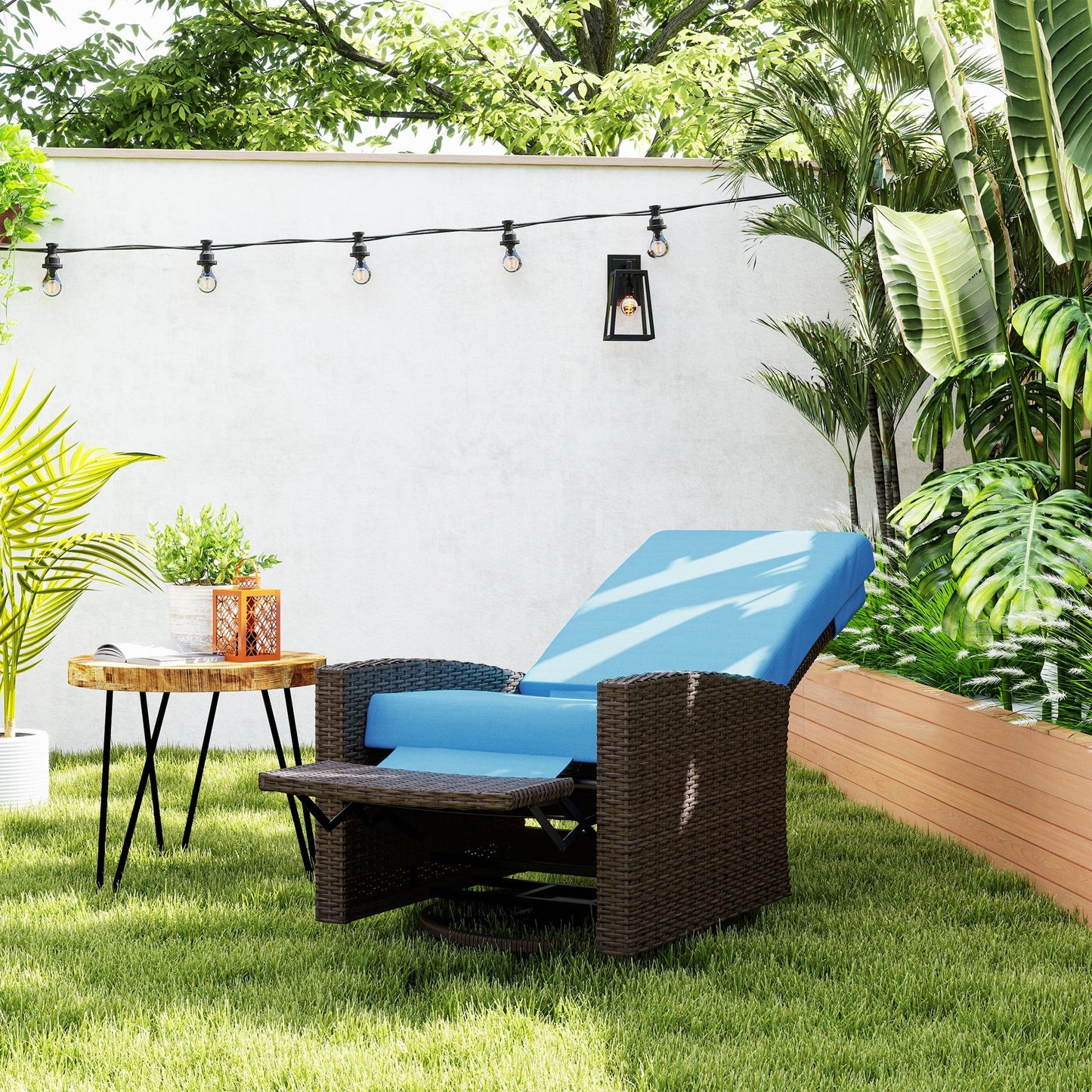 PE Rattan Outdoor Swivel Chair with 360° Swivel, Wicker Patio Chair with Footrest, Soft Cushion and Armrest for Patio, Garden, Backyard, Sky Blue