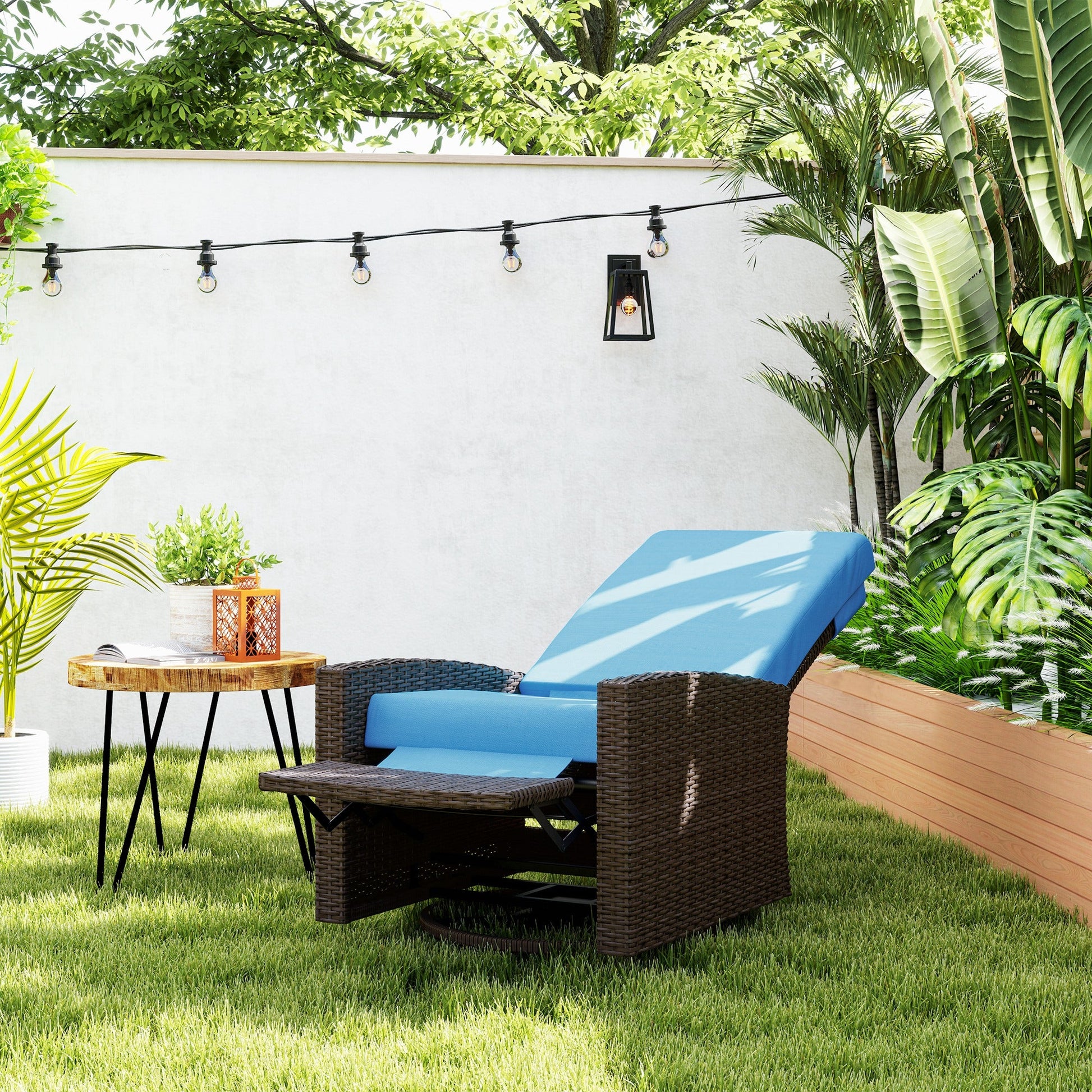 PE Rattan Outdoor Swivel Chair with 360° Swivel, Wicker Patio Chair with Footrest, Soft Cushion and Armrest for Patio, Garden, Backyard, Sky Blue