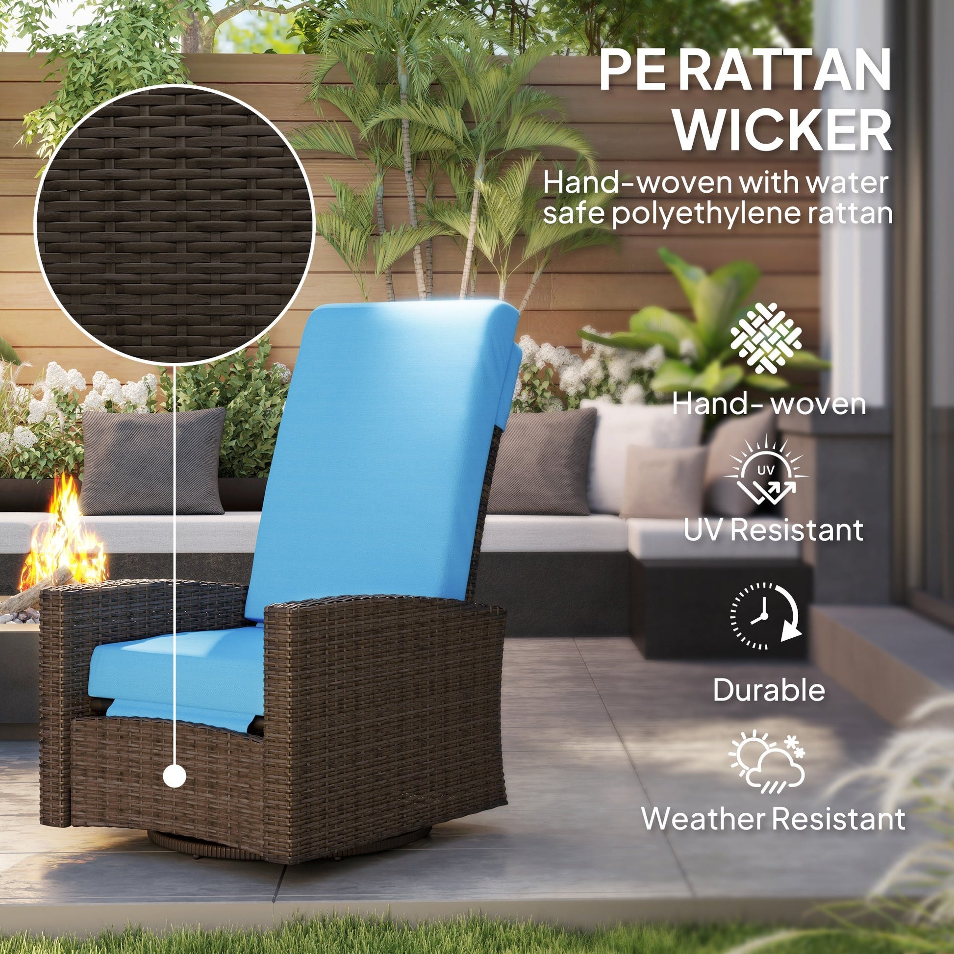 PE Rattan Outdoor Swivel Chair with 360° Swivel, Wicker Patio Chair with Footrest, Soft Cushion and Armrest for Patio, Garden, Backyard, Sky Blue