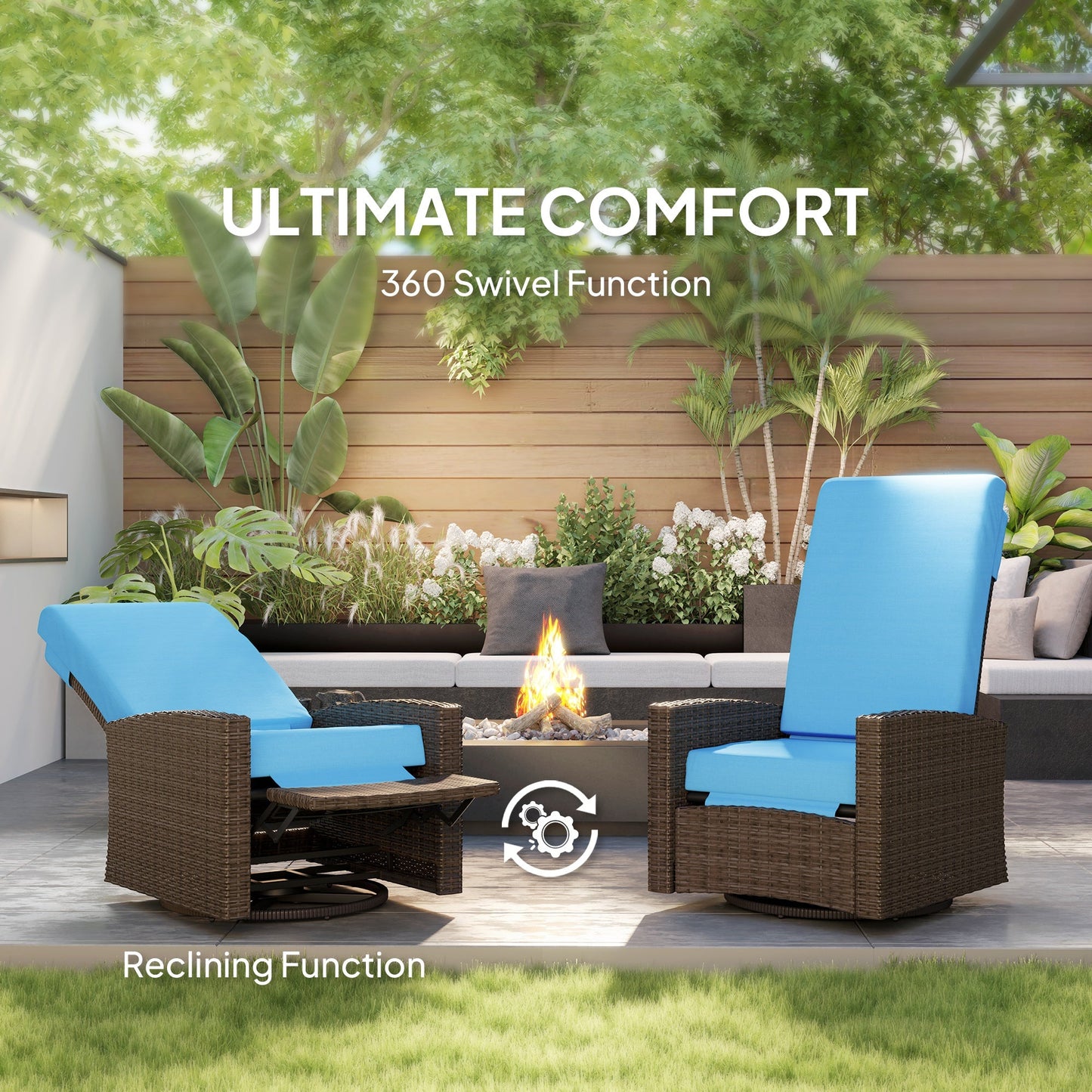PE Rattan Outdoor Swivel Chair with 360° Swivel, Wicker Patio Chair with Footrest, Soft Cushion and Armrest for Patio, Garden, Backyard, Sky Blue
