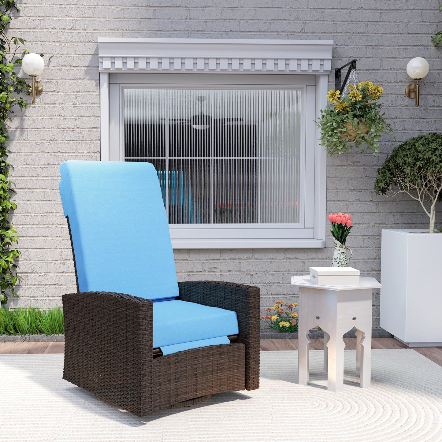 PE Rattan Outdoor Swivel Chair with 360° Swivel, Wicker Patio Chair with Footrest, Soft Cushion and Armrest for Patio, Garden, Backyard, Sky Blue