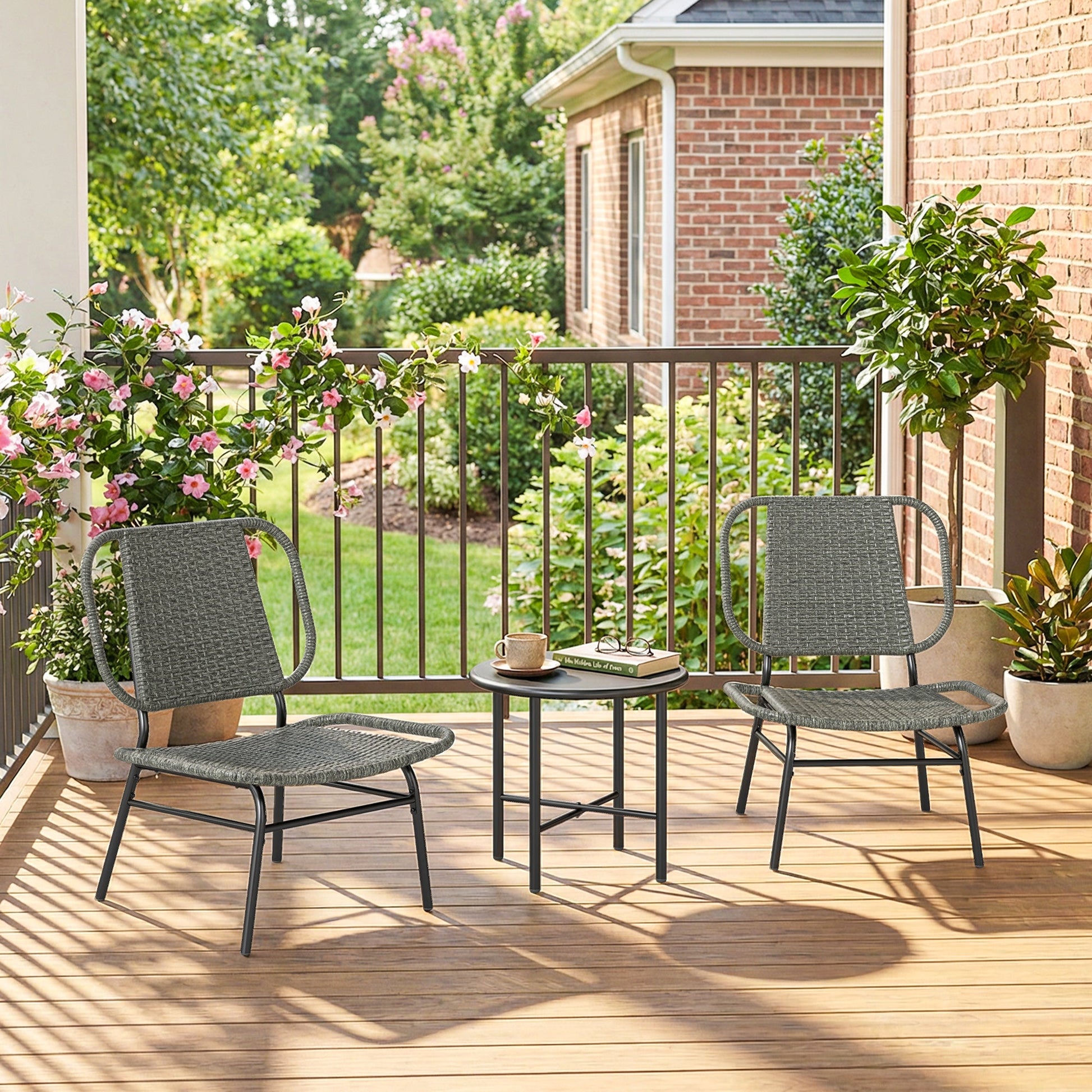 3 Piece Wicker Patio Furniture Set, Outdoor Bistro Set with 2 Armless Chairs, Steel Table, Rattan Outdoor Conversation Furniture for Porch Balcony, Grey