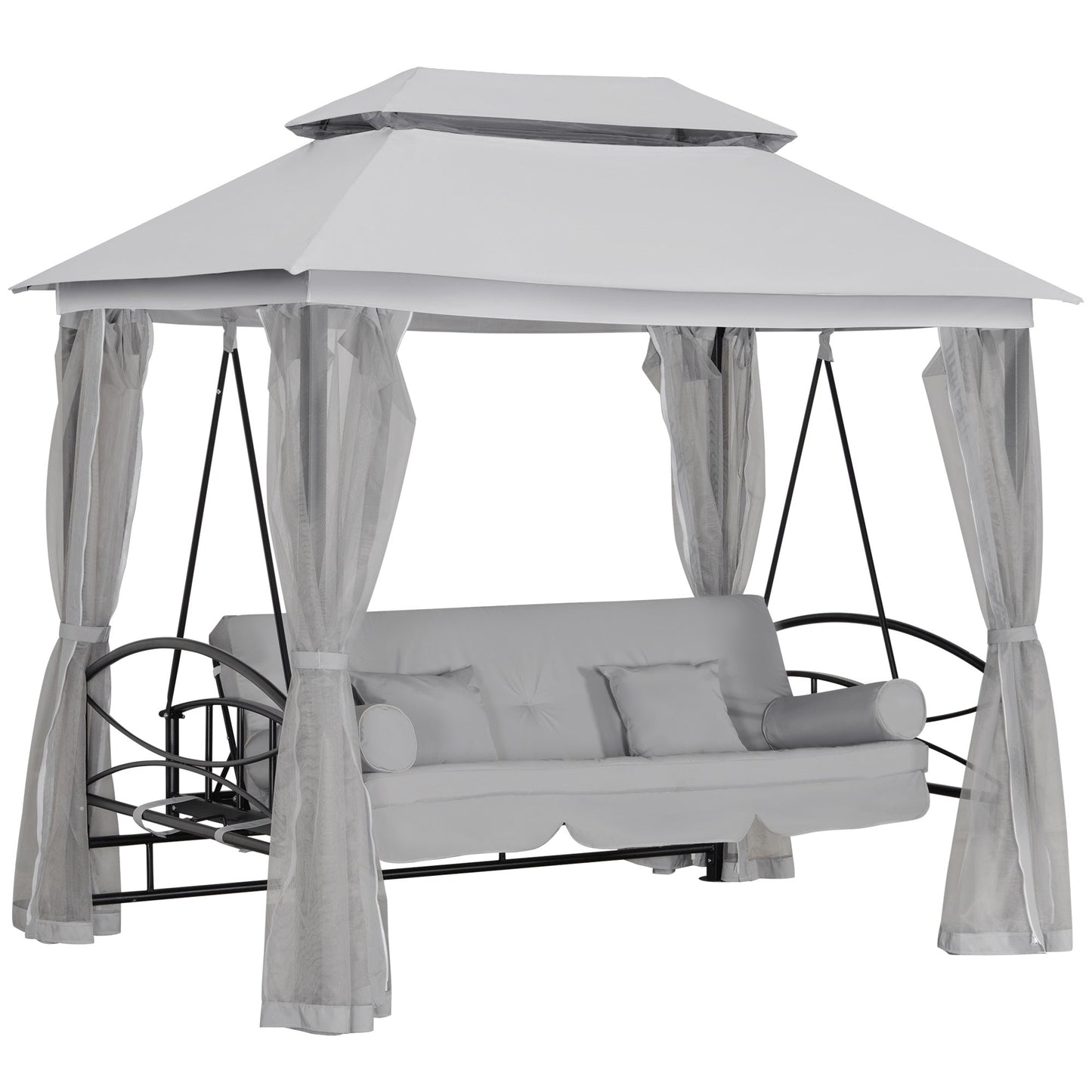 3 Person Outdoor Patio Daybed, 3 in 1 Canopy Gazebo Swing Chair Garden Hammock with Sun Shade, Mesh Mosquito and Net, Grey