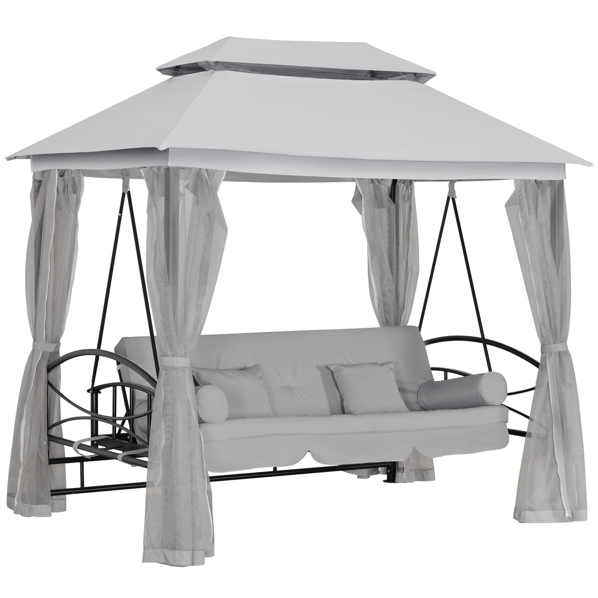 3 Person Outdoor Patio Daybed, 3 in 1 Canopy Gazebo Swing Chair Garden Hammock with Sun Shade, Mesh Mosquito and Net, Grey