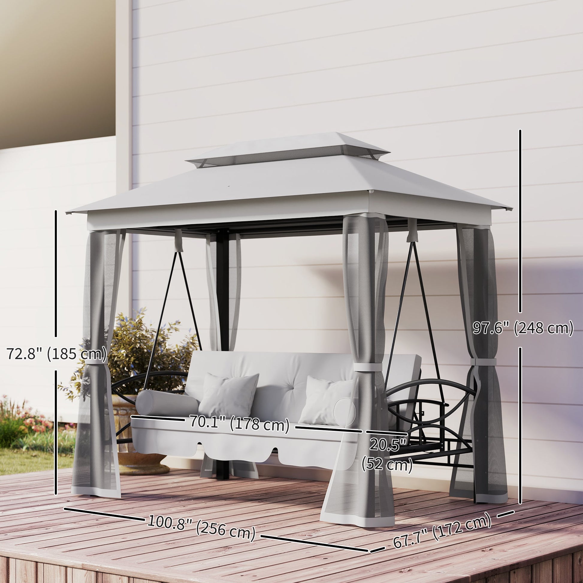 3 Person Outdoor Patio Daybed, 3 in 1 Canopy Gazebo Swing Chair Garden Hammock with Sun Shade, Mesh Mosquito and Net, Grey