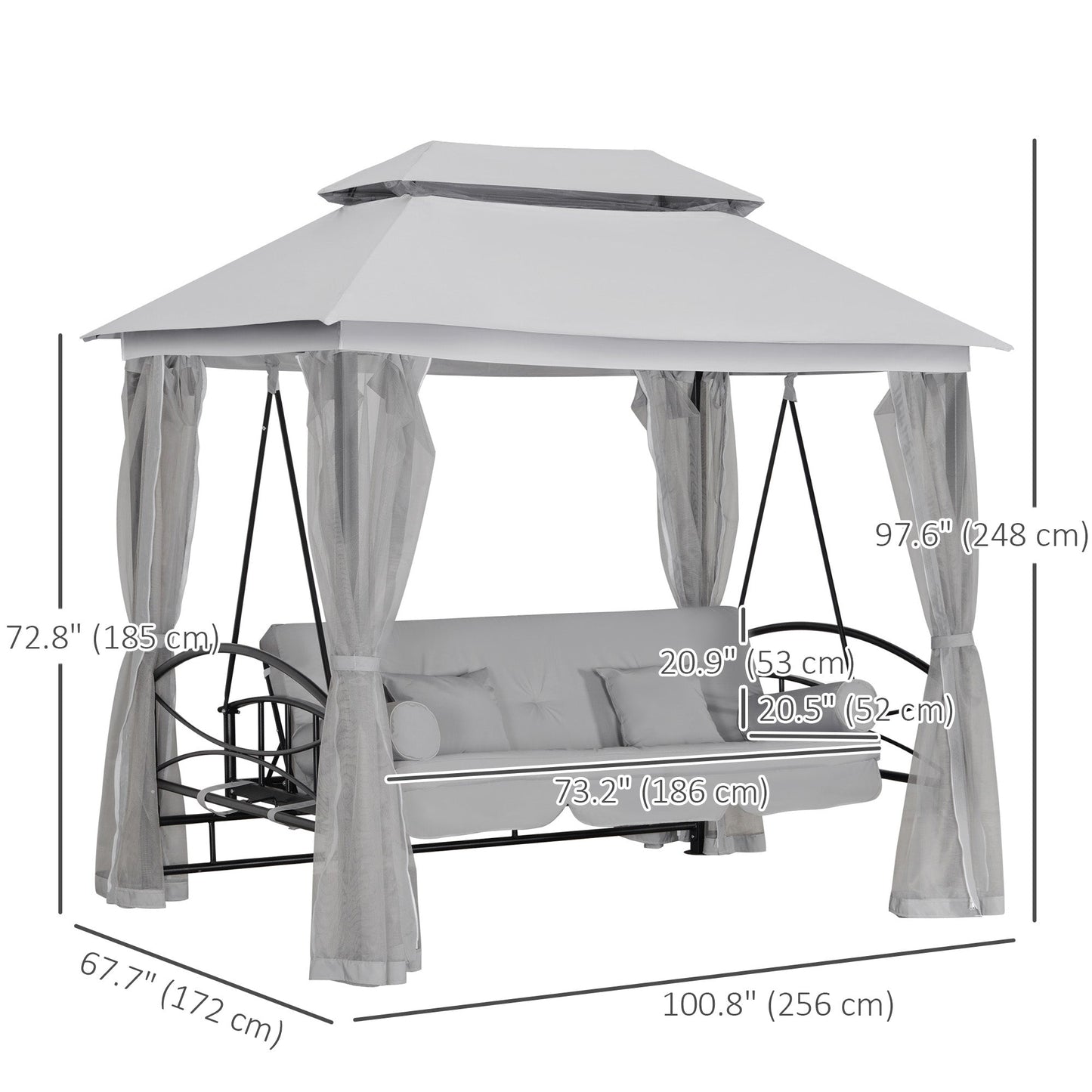 3 Person Outdoor Patio Daybed, 3 in 1 Canopy Gazebo Swing Chair Garden Hammock with Sun Shade, Mesh Mosquito and Net, Grey