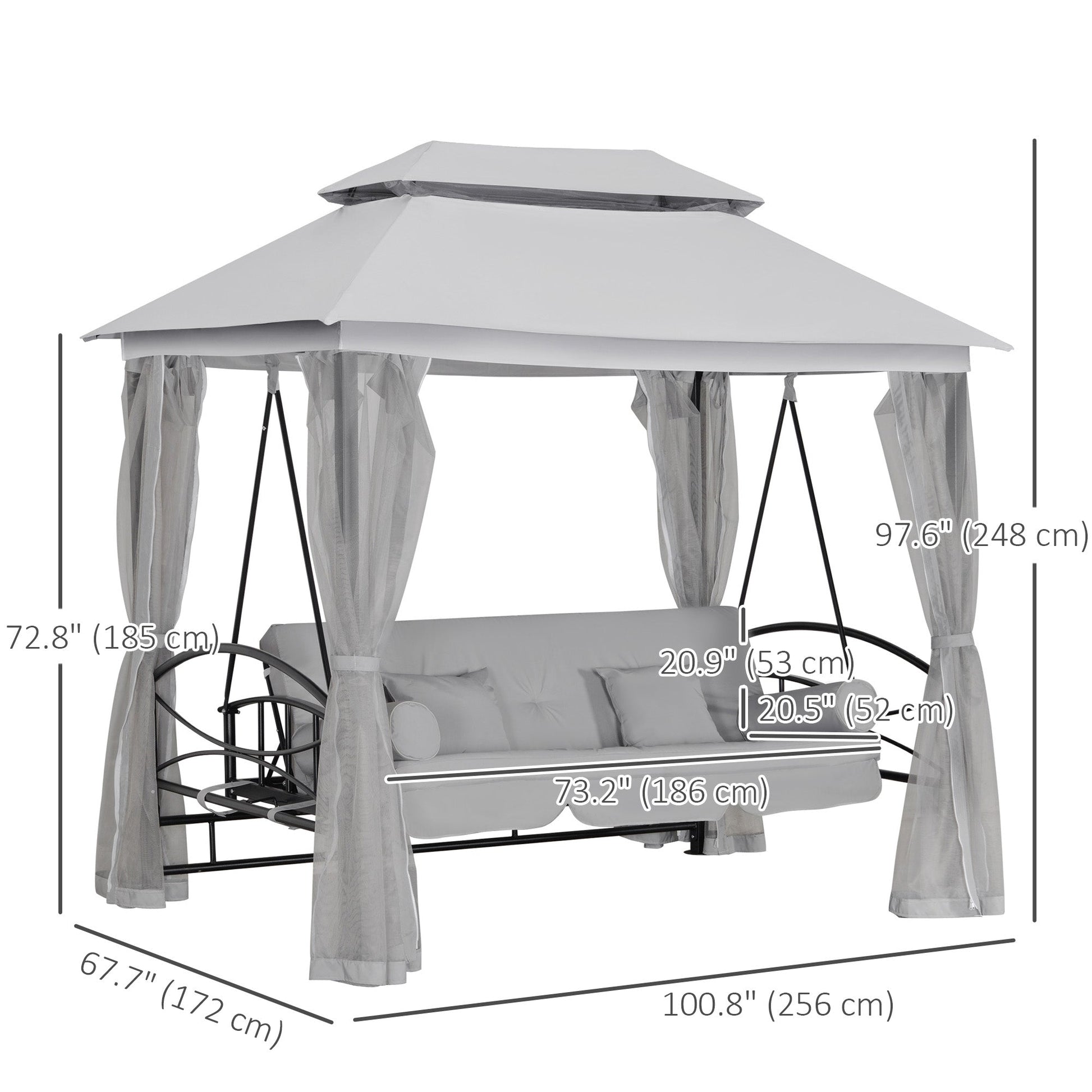 3 Person Outdoor Patio Daybed, 3 in 1 Canopy Gazebo Swing Chair Garden Hammock with Sun Shade, Mesh Mosquito and Net, Grey