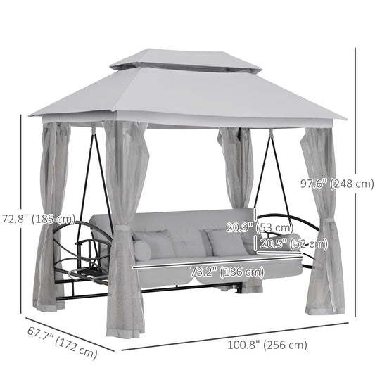 3 Person Outdoor Patio Daybed, 3 in 1 Canopy Gazebo Swing Chair Garden Hammock with Sun Shade, Mesh Mosquito and Net, Grey