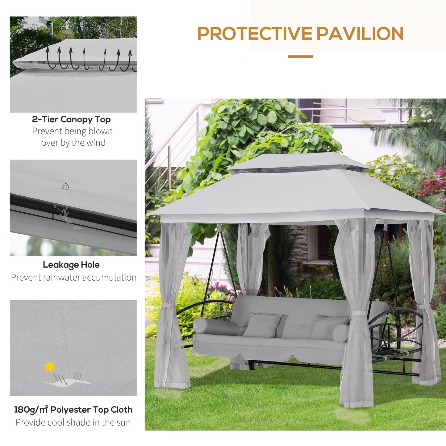 3 Person Outdoor Patio Daybed, 3 in 1 Canopy Gazebo Swing Chair Garden Hammock with Sun Shade, Mesh Mosquito and Net, Grey
